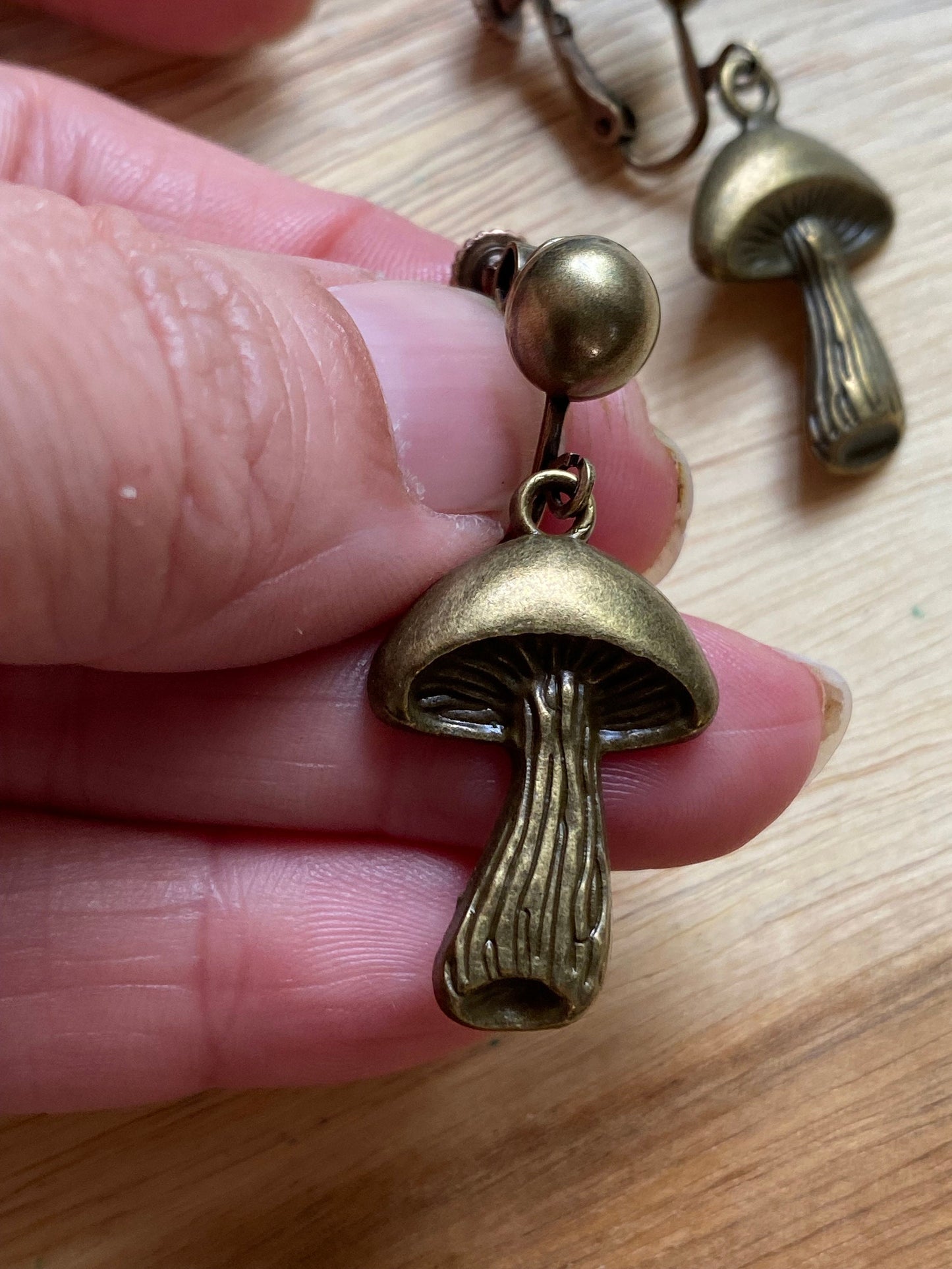 Dangle bronze mushroom clip on earrings, Bronze   mushroom  earrings on hinged screwback closures (no piercing)