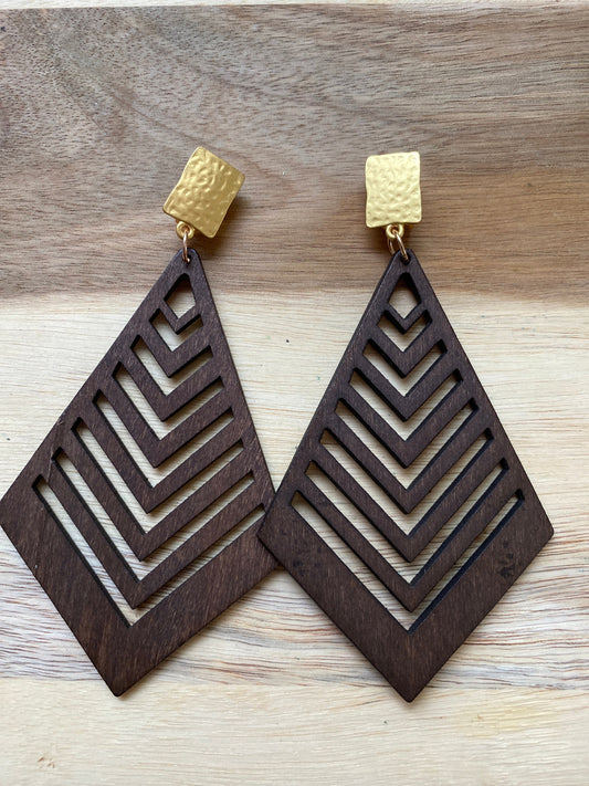 Giant dangling clip on earrings, brown wooden laser cut chevron geometric clip on earrings