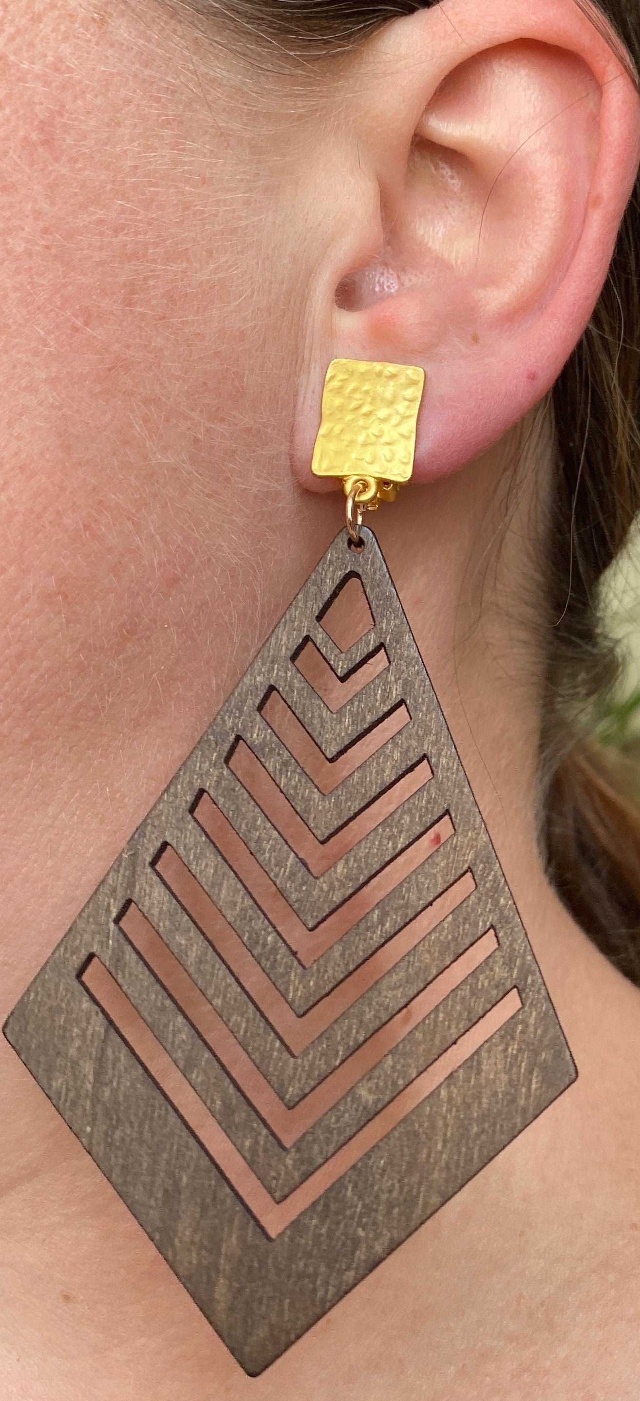 Giant dangling clip on earrings, brown wooden laser cut chevron geometric clip on earrings