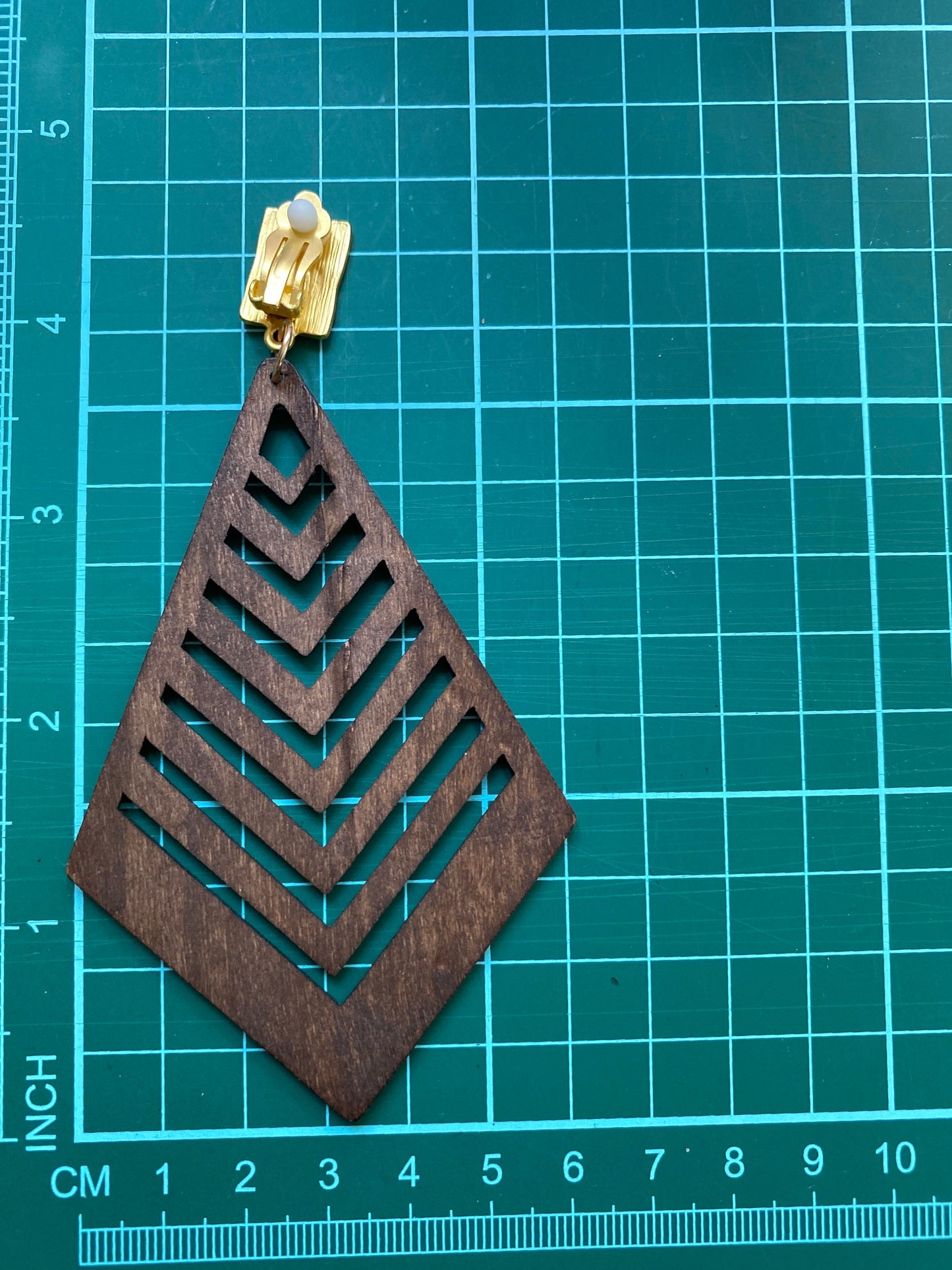 Giant dangling clip on earrings, brown wooden laser cut chevron geometric clip on earrings