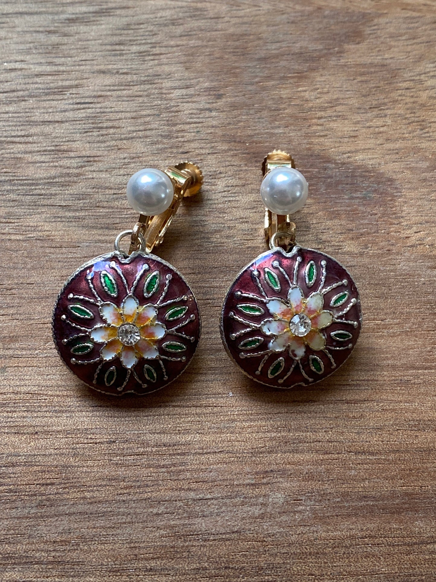 Dangling clip on cloisonne floral earrings |Screwback enamel and pearl earrings