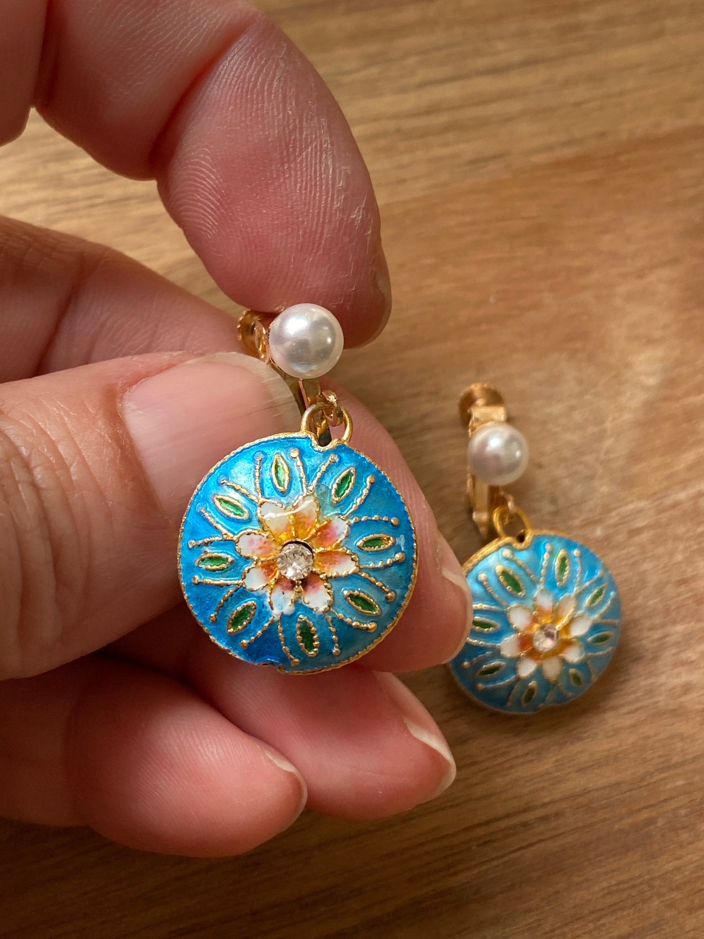 Dangling clip on cloisonne floral earrings |Screwback enamel and pearl earrings