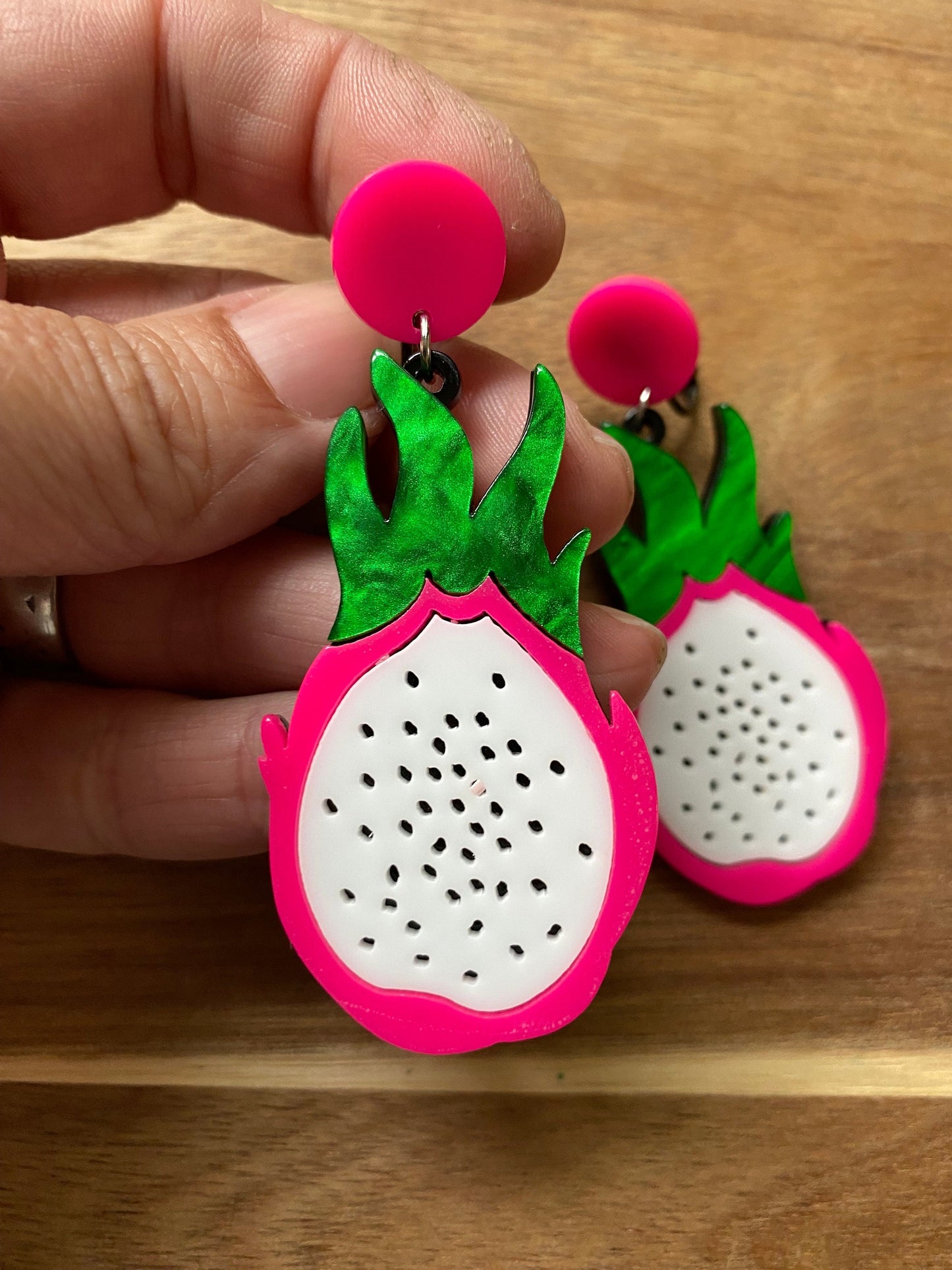 Dangling dragon fruit pendant clip on earrings | pink fruit screwback earrings