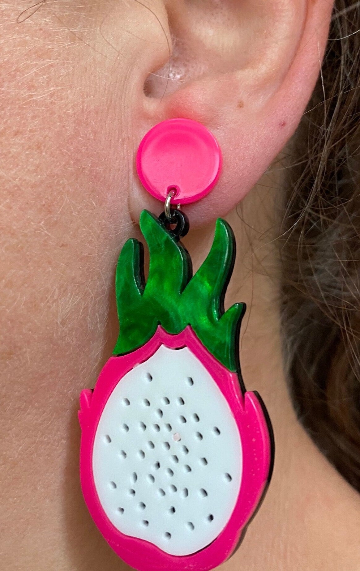 Dangling dragon fruit pendant clip on earrings | pink fruit screwback earrings