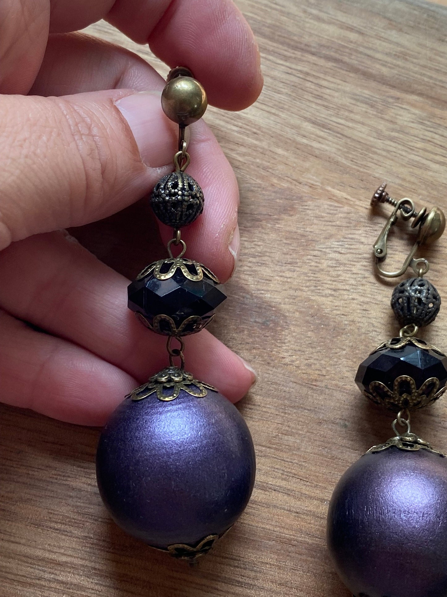 Handmade dangling purple queen sized boho clip on earrings, dangling screwback earrings