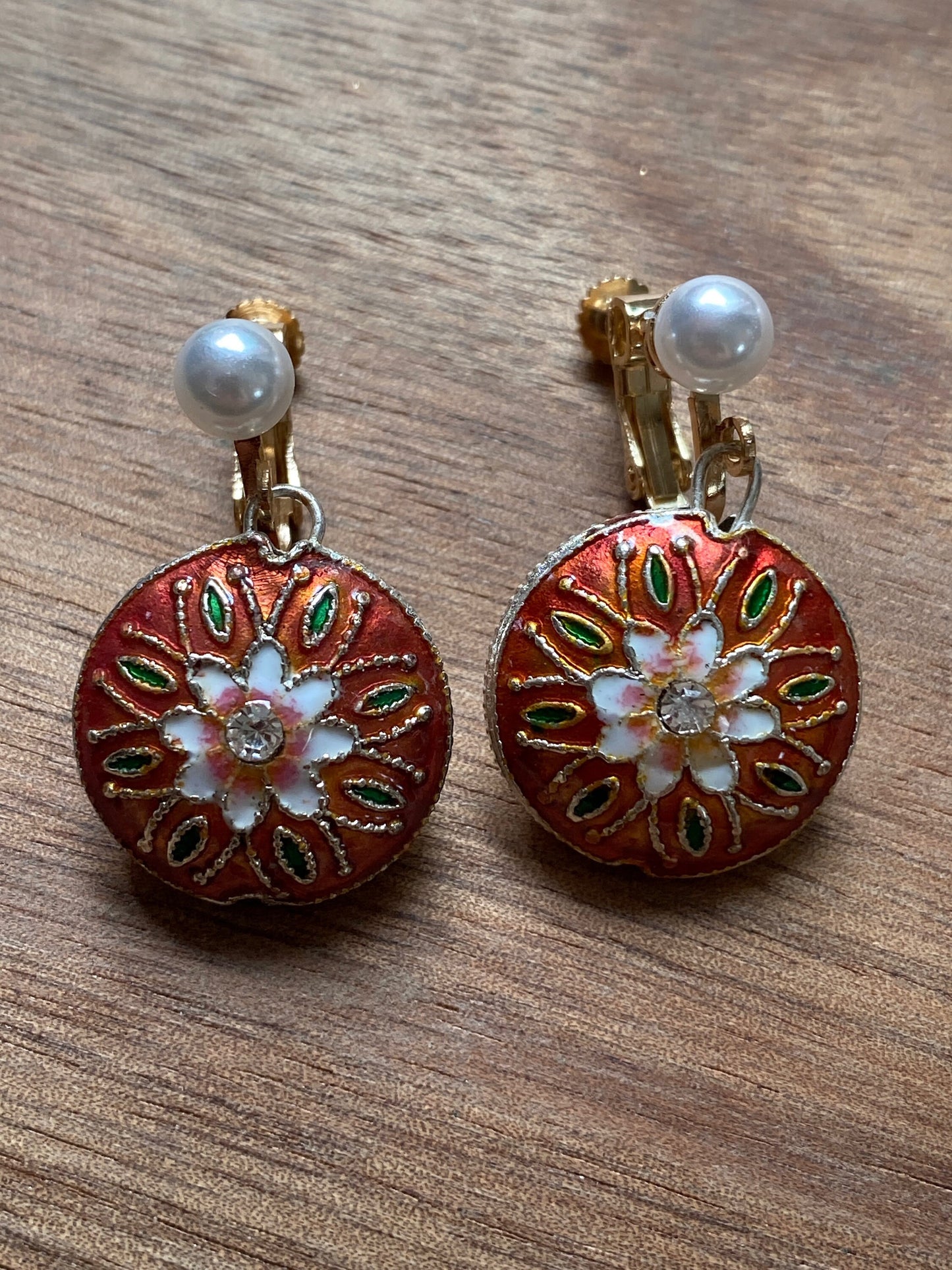 Dangling clip on cloisonne floral earrings |Screwback enamel and pearl earrings