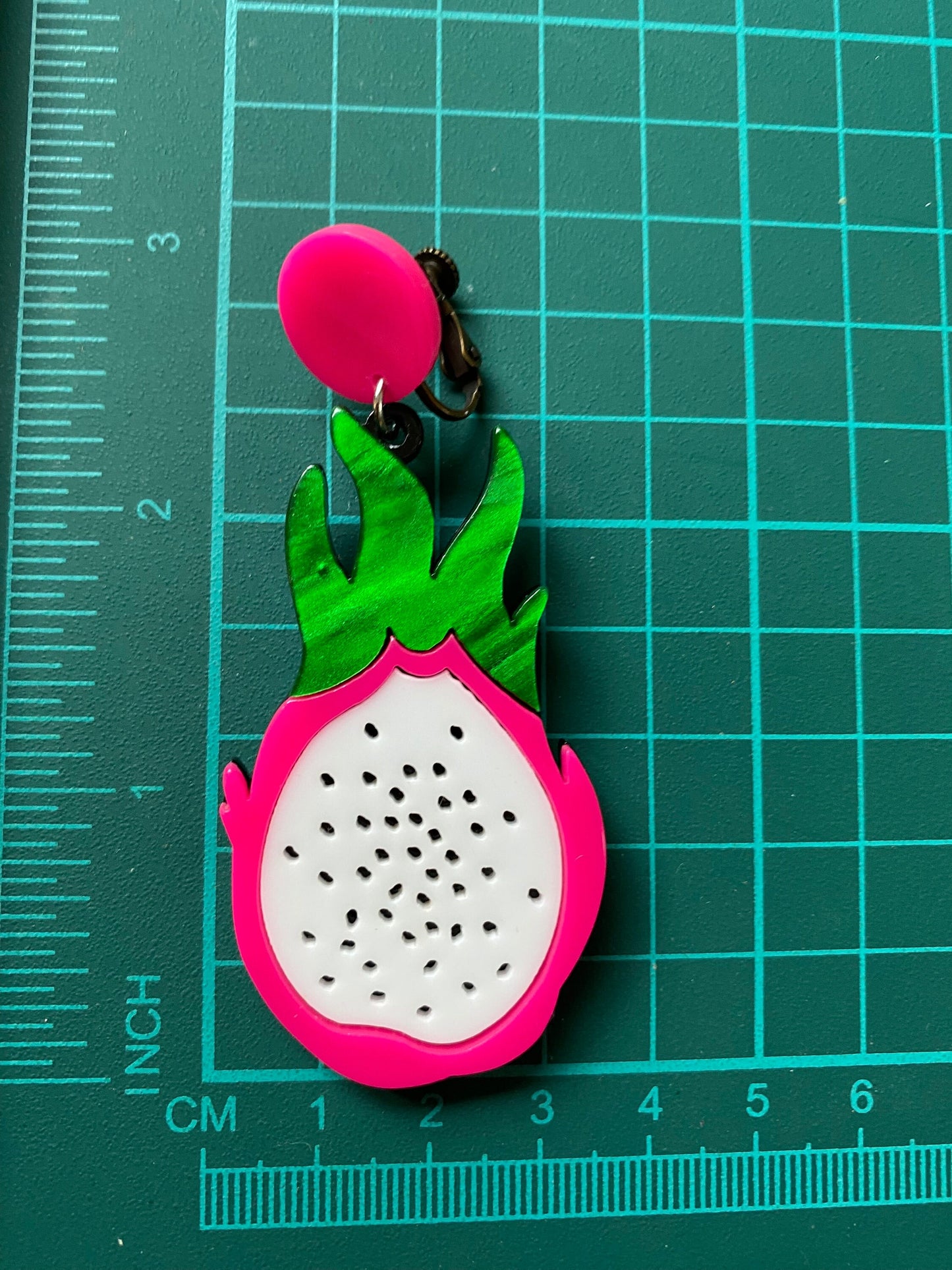 Dangling dragon fruit pendant clip on earrings | pink fruit screwback earrings