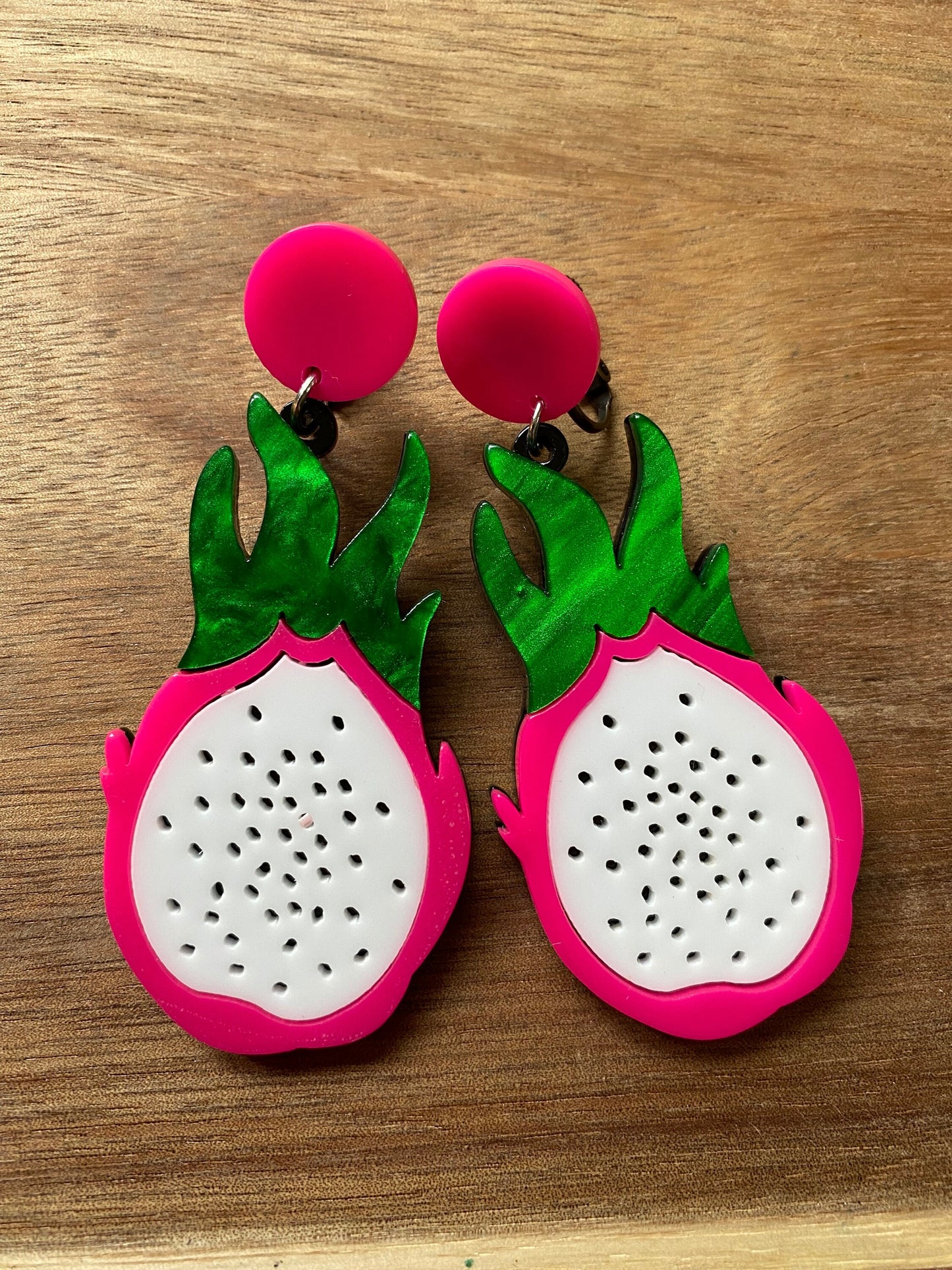 Dangling dragon fruit pendant clip on earrings | pink fruit screwback earrings