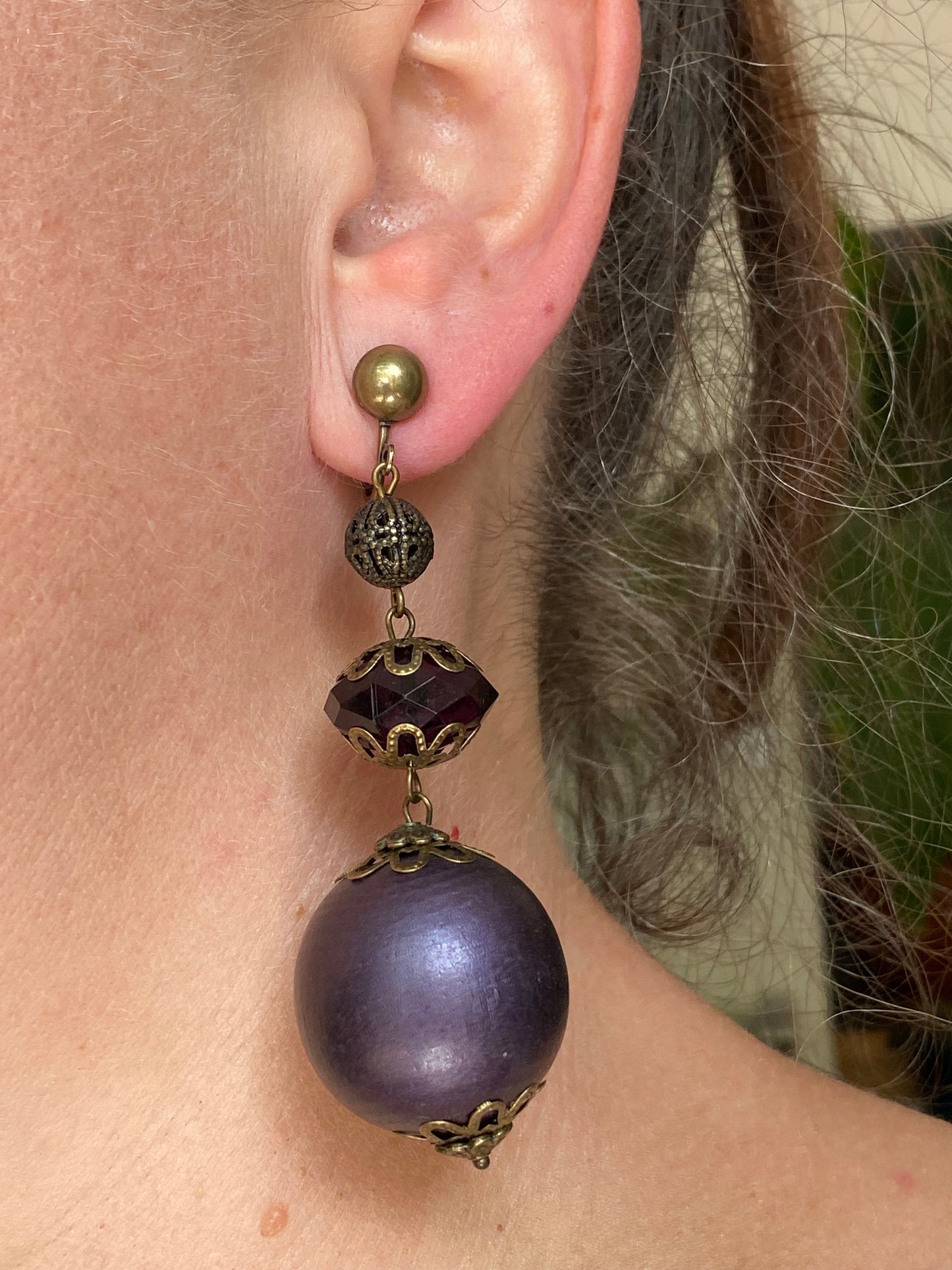 Handmade dangling purple queen sized boho clip on earrings, dangling screwback earrings