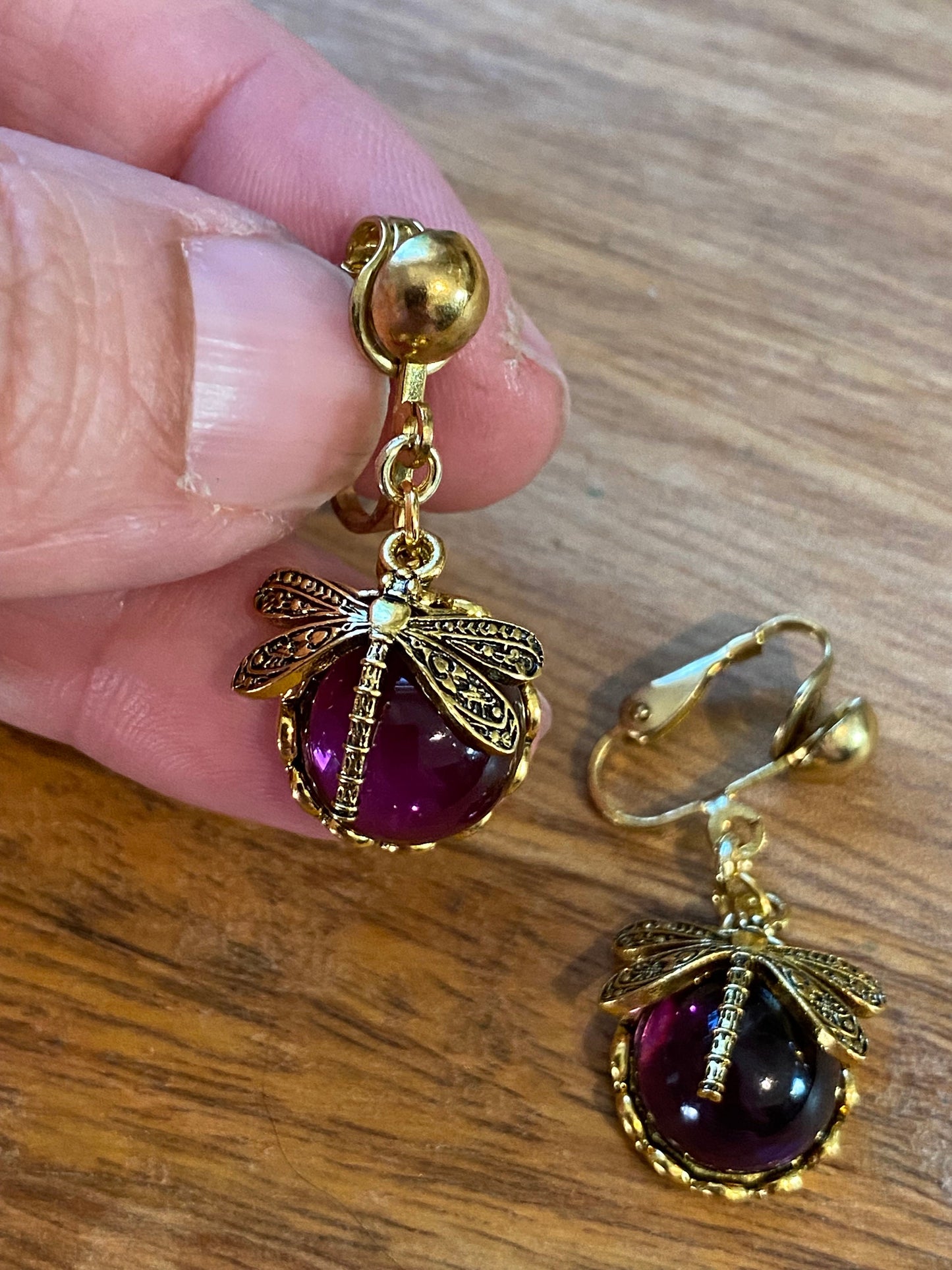 Dangling golden dragonfly clip on earrings,  hinged glass boho dragonflies