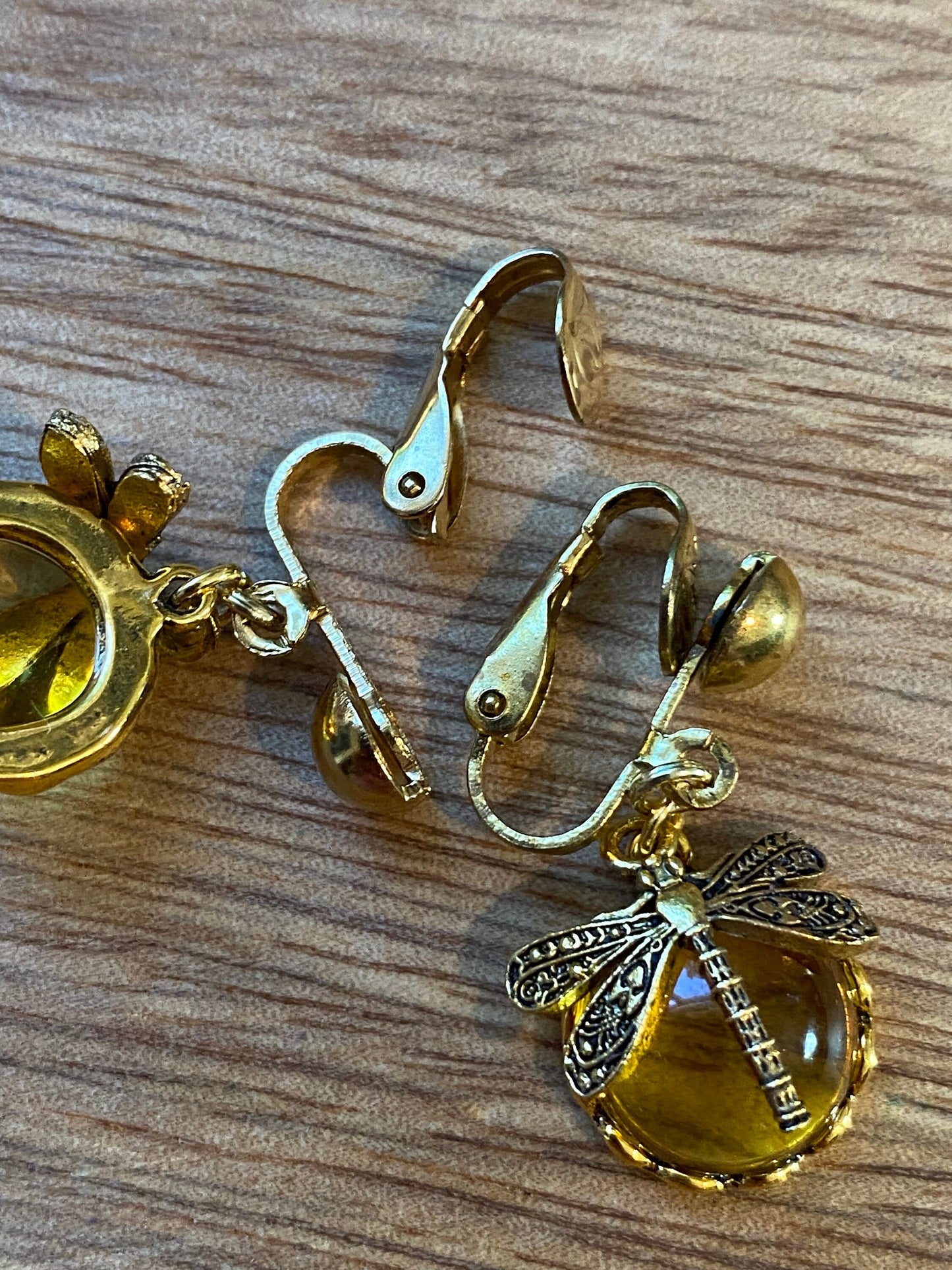 Dangling golden dragonfly clip on earrings,  hinged glass boho dragonflies