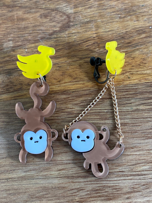 Asymmetrical fun monkey screw back earrings, novelty clip on earrings