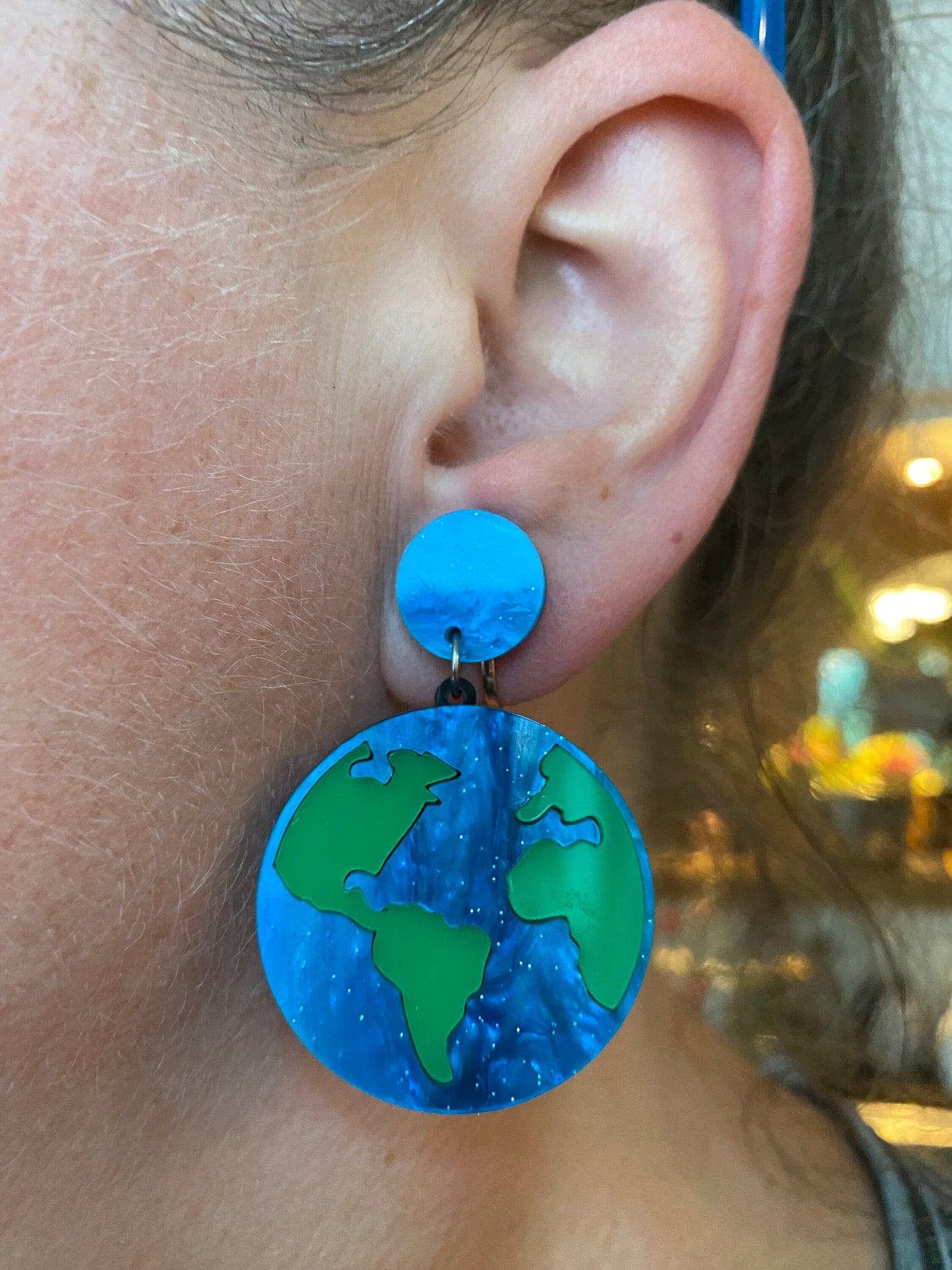 Dangling planet earth clip on earrings, screwback planet earrings