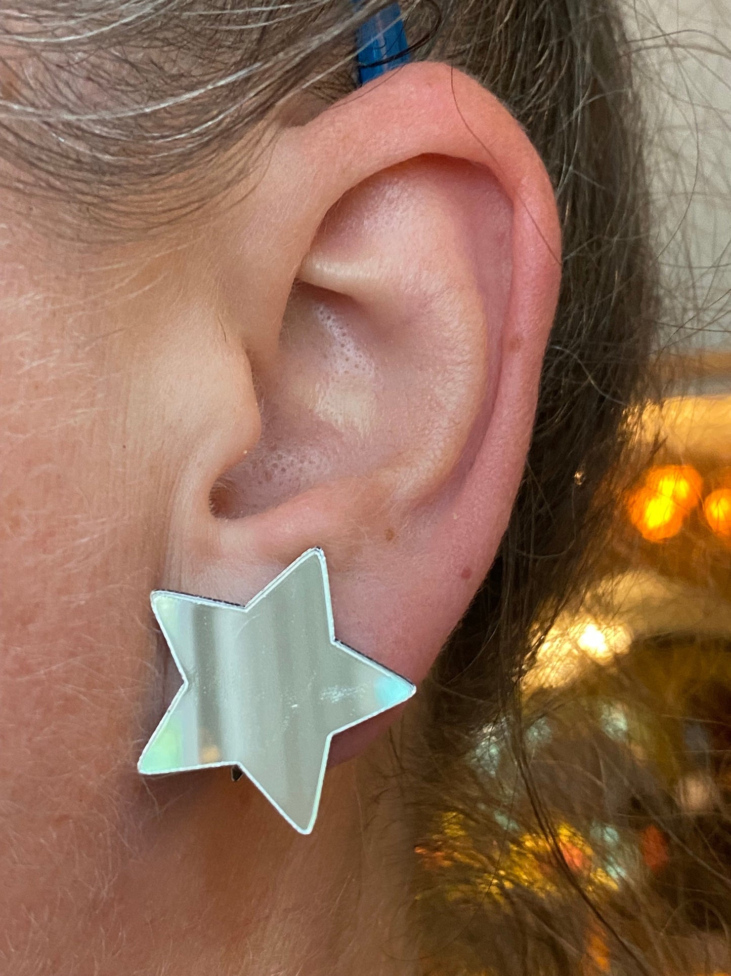 Silver mirrored star clip on earrings (no piercing| no pierce| clip-on)