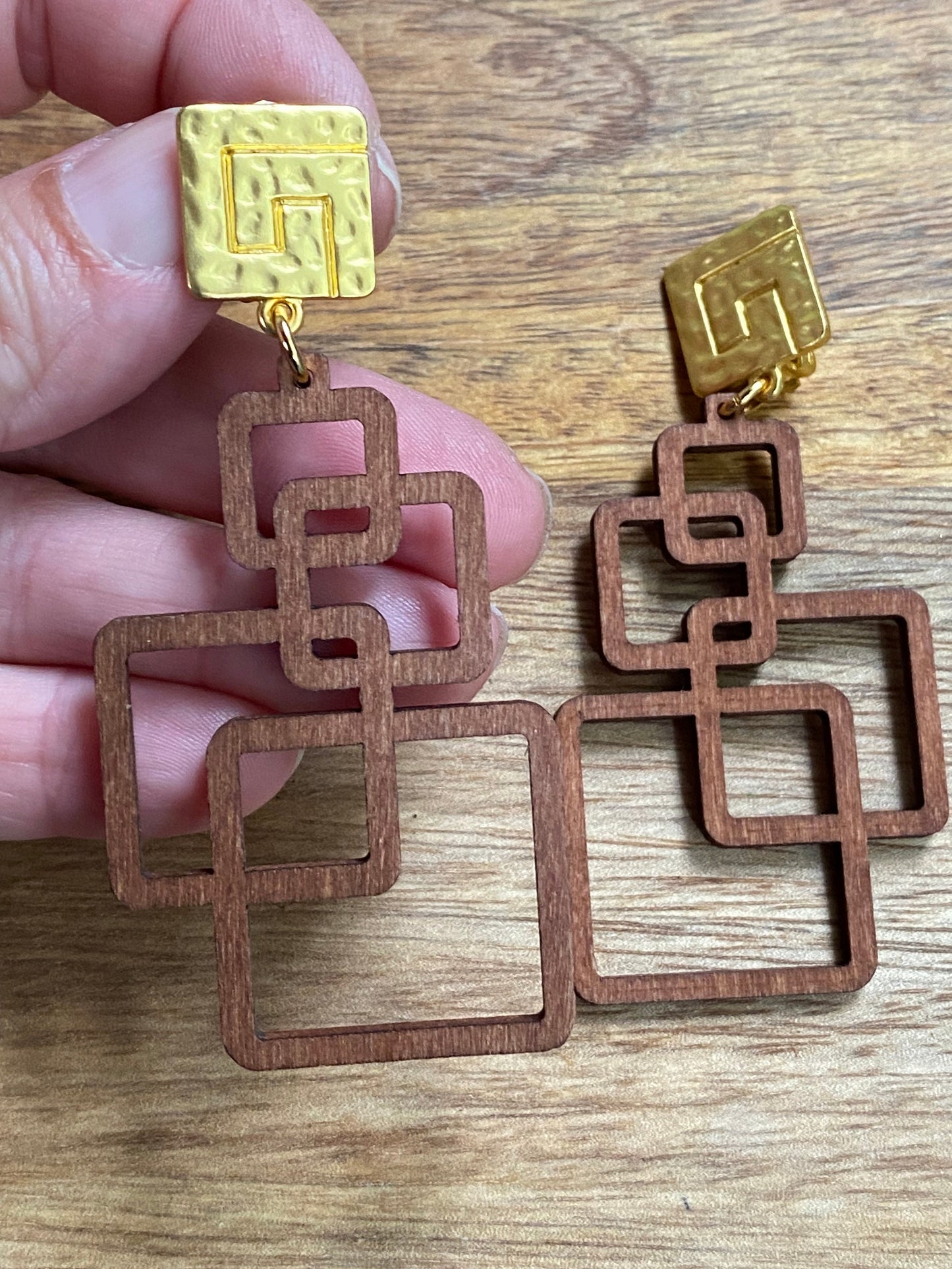 Wooden dangling clip on earrings, large laser cut geometric clip on earrings, statement earrings