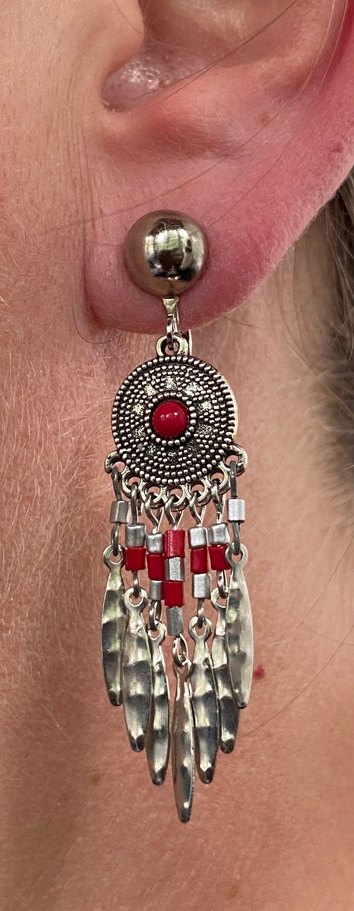 Dangling fringed silver and red cabochon clip on earring (screwback)