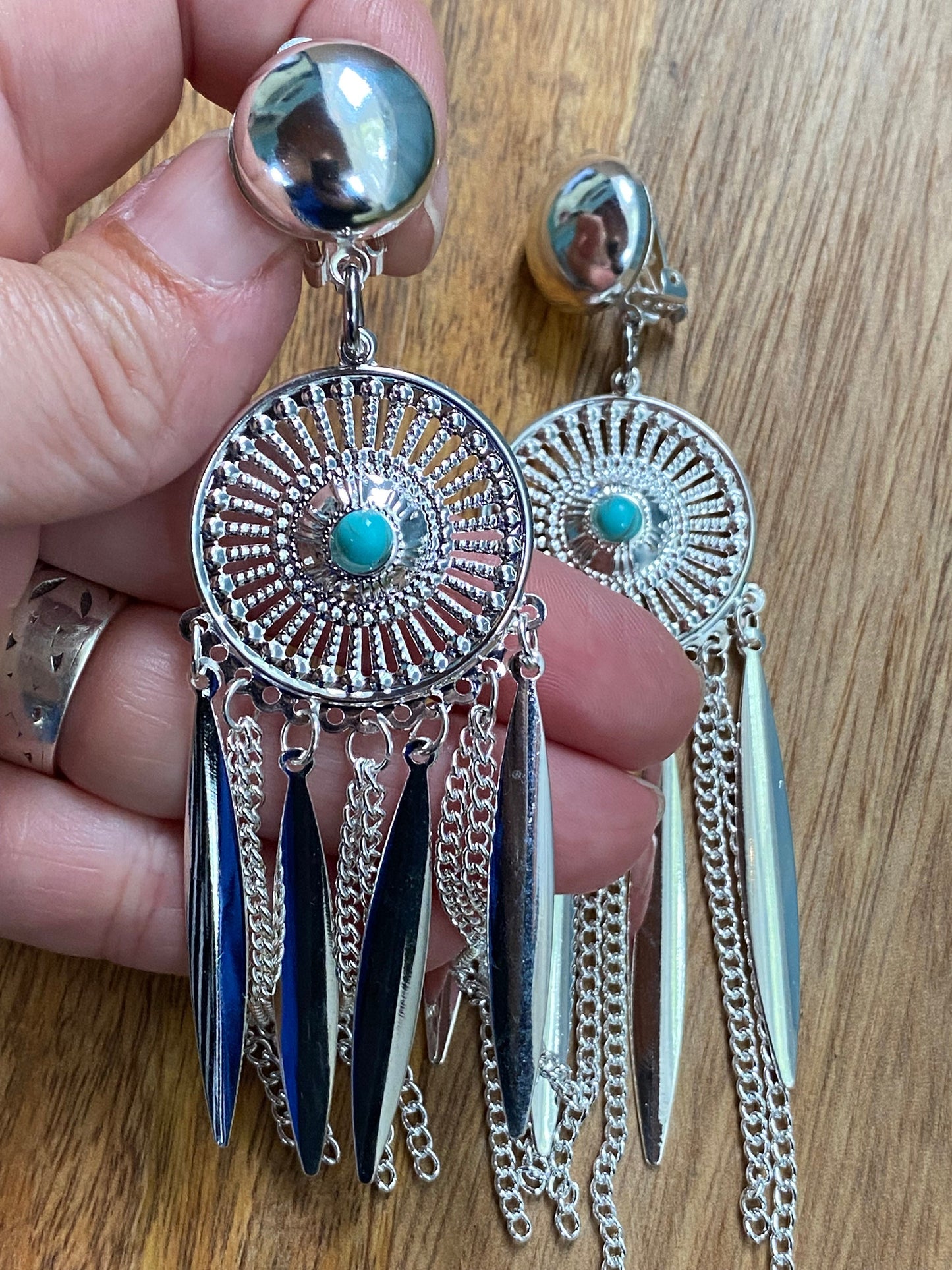 Large silver coloured chain tassel clip on earrings, silver and turquoise clip on earrings