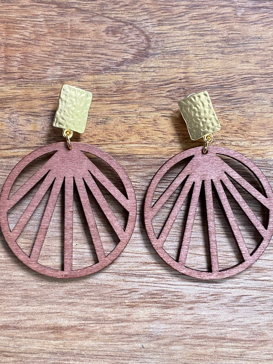 Large dangling wooden brown hoop clip on earrings