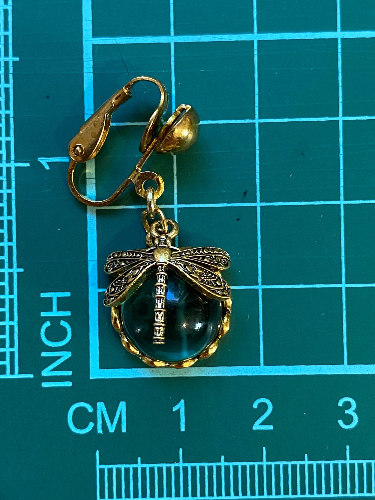 Dangling golden dragonfly clip on earrings,  hinged glass boho dragonflies