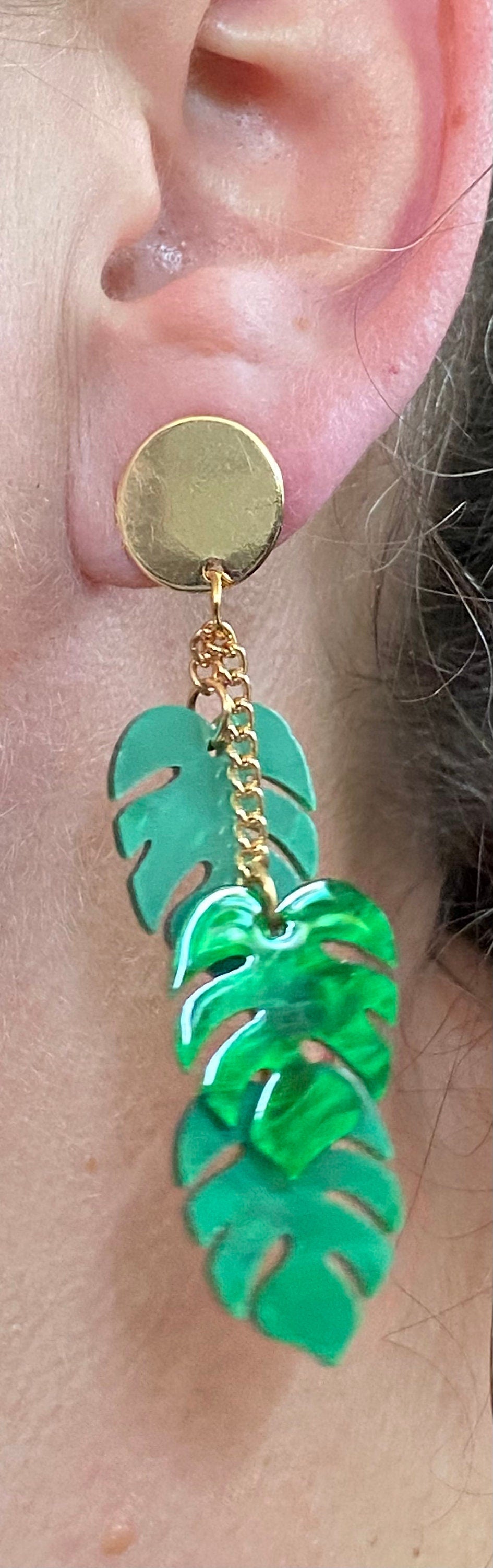 Dangling monstera leaf clip on earrings