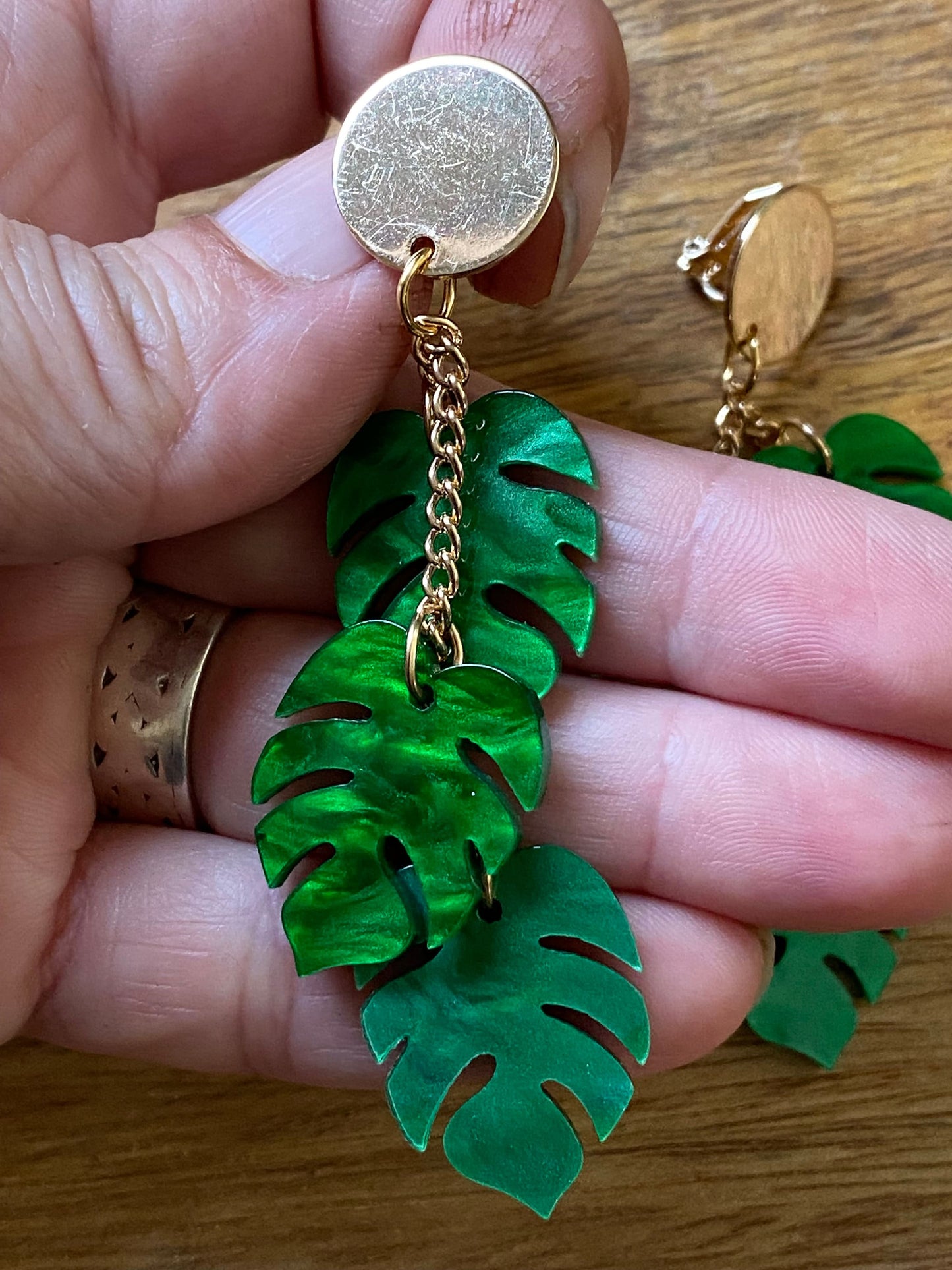 Dangling monstera leaf clip on earrings