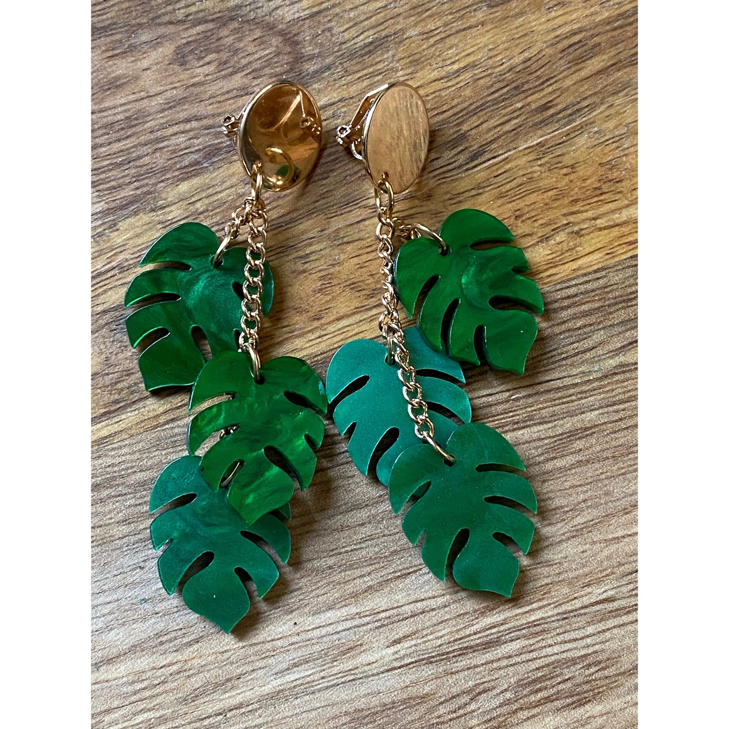 Dangling monstera leaf clip on earrings