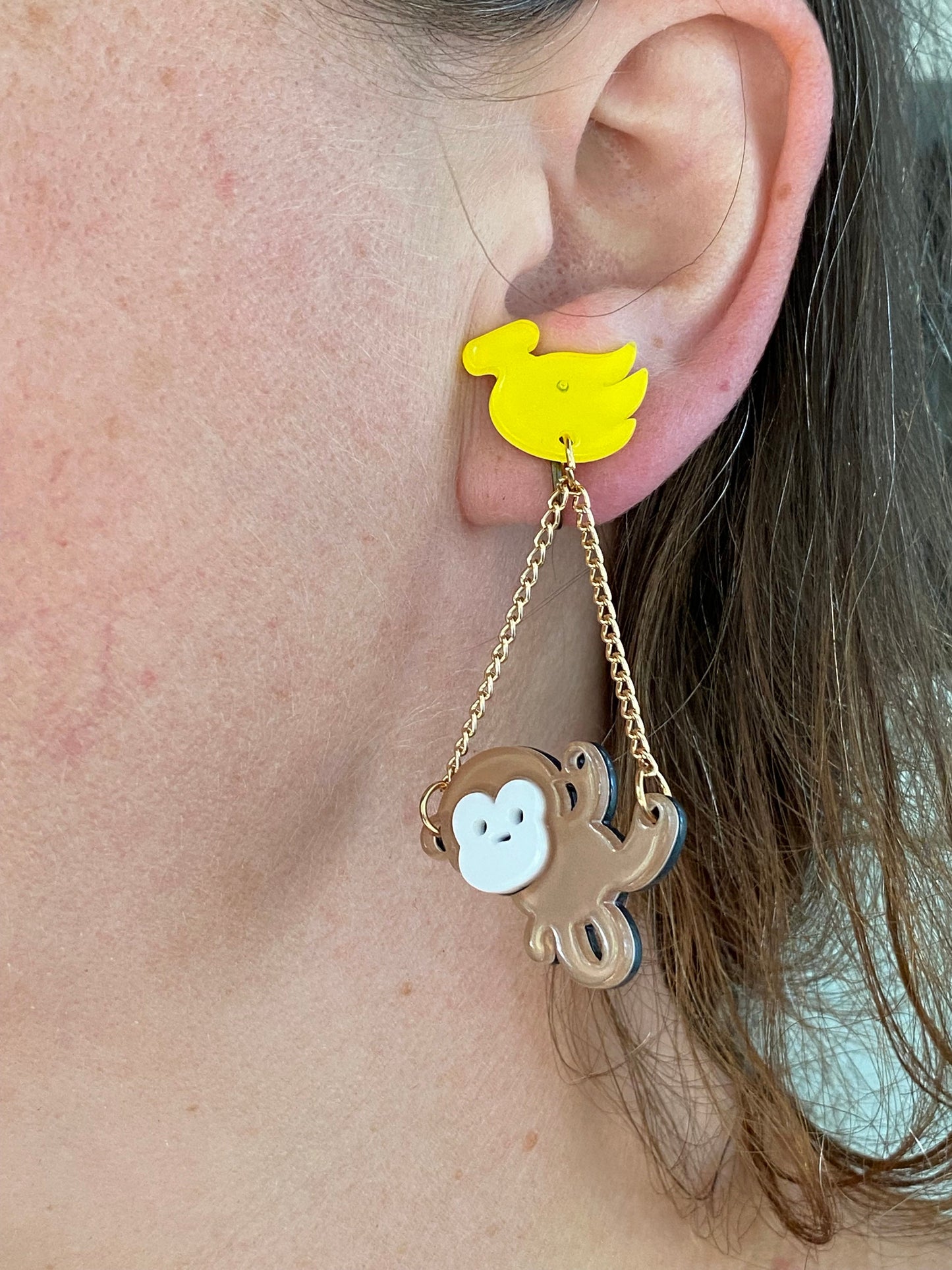 Asymmetrical fun monkey screw back earrings, novelty clip on earrings