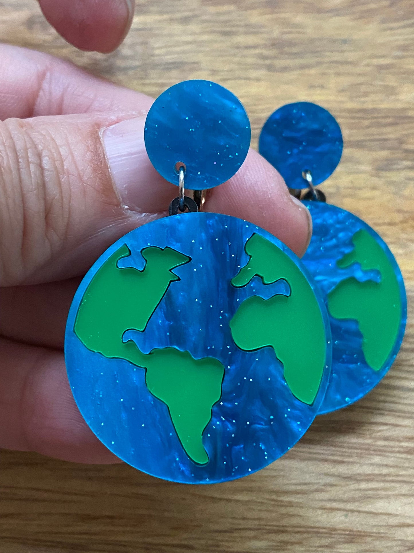 Dangling planet earth clip on earrings, screwback planet earrings