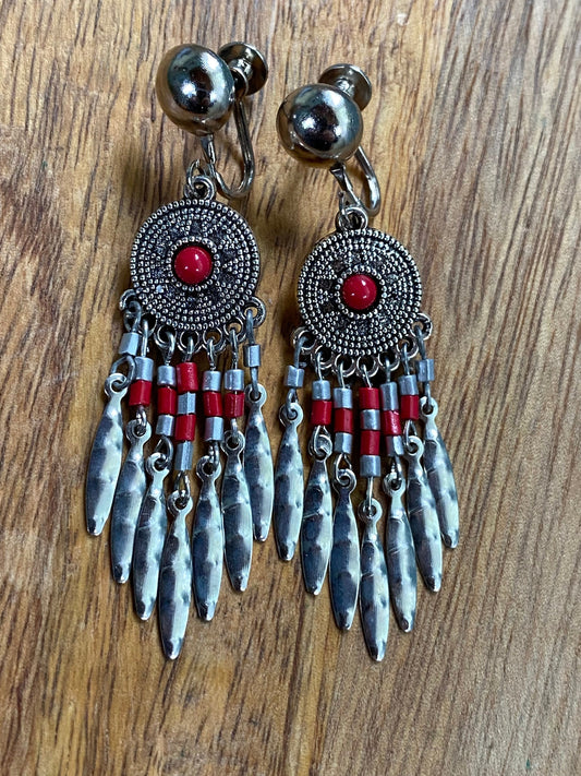 Dangling fringed silver and red cabochon clip on earring (screwback)