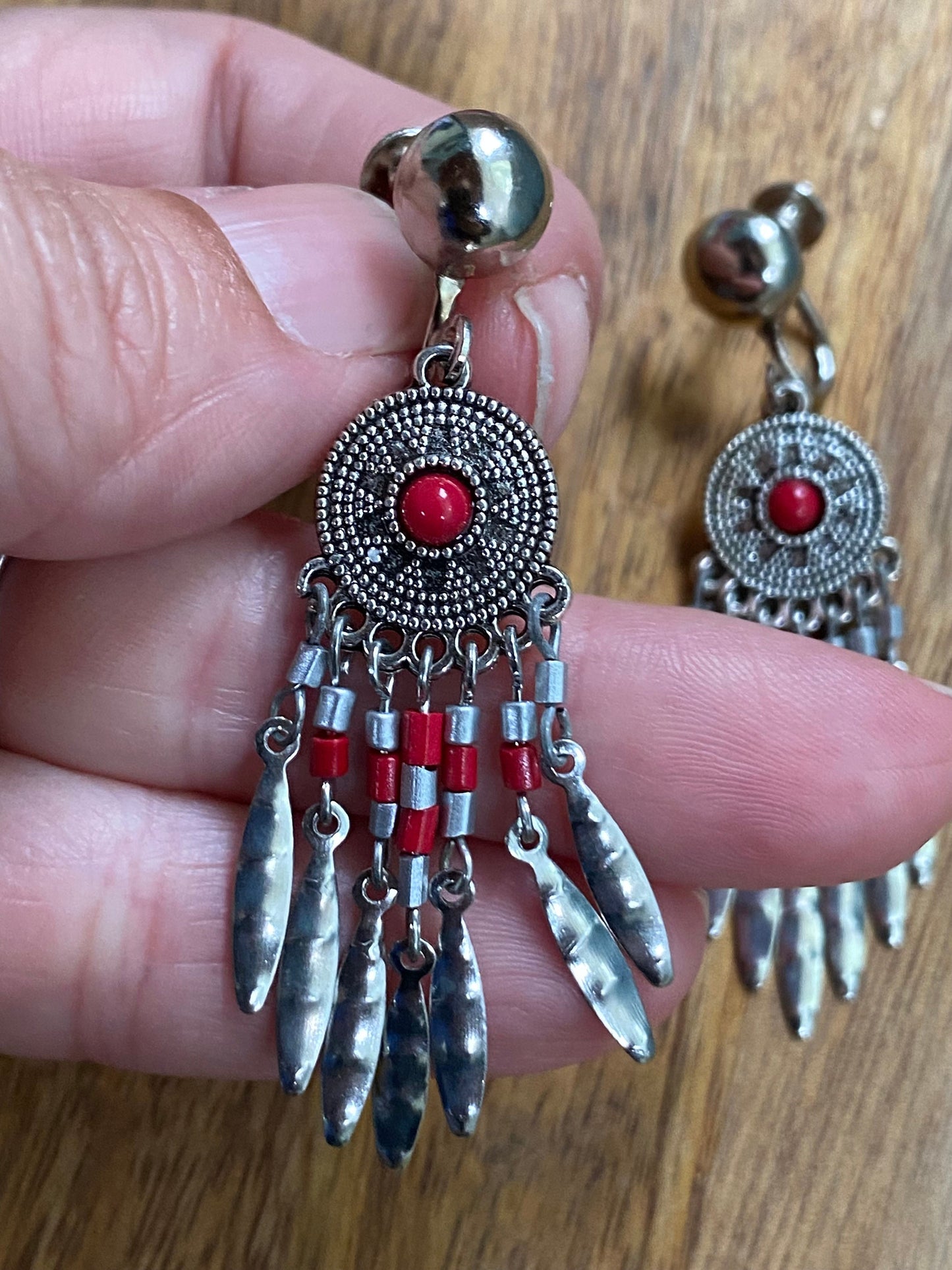 Dangling fringed silver and red cabochon clip on earring (screwback)