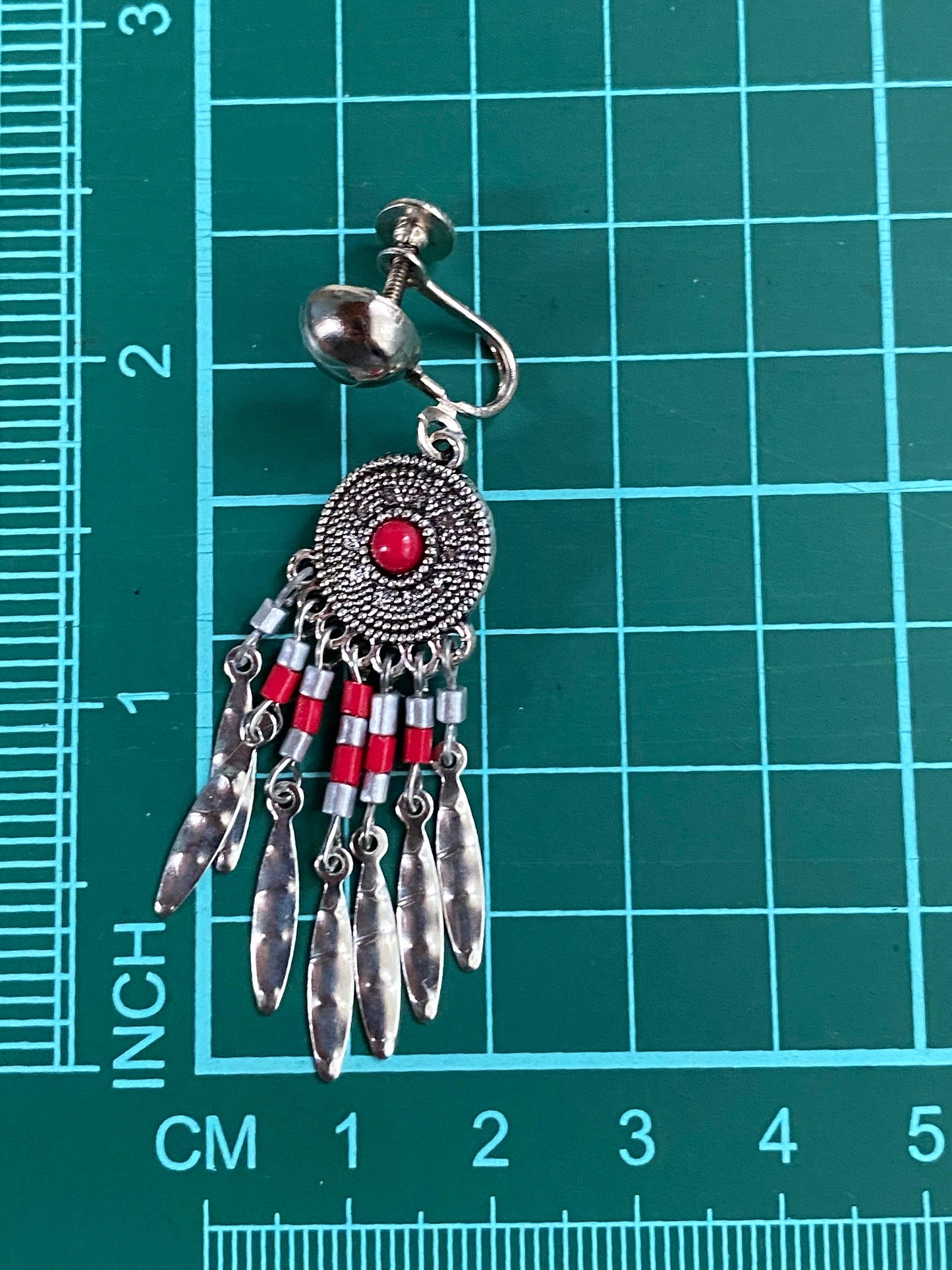 Dangling fringed silver and red cabochon clip on earring (screwback)