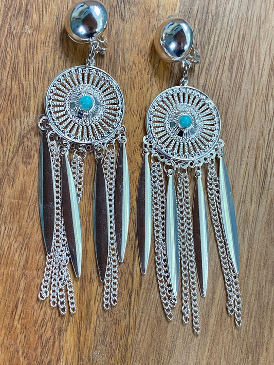 Large silver coloured chain tassel clip on earrings, silver and turquoise clip on earrings