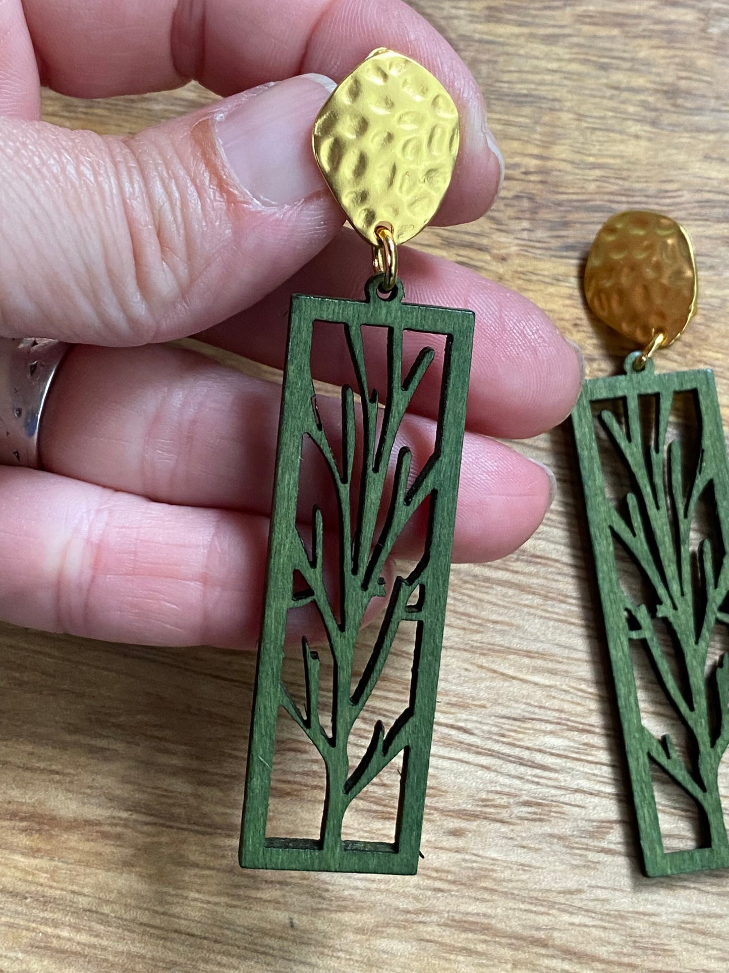 dangle clip on green grasses earrings, large wooden nature earrings