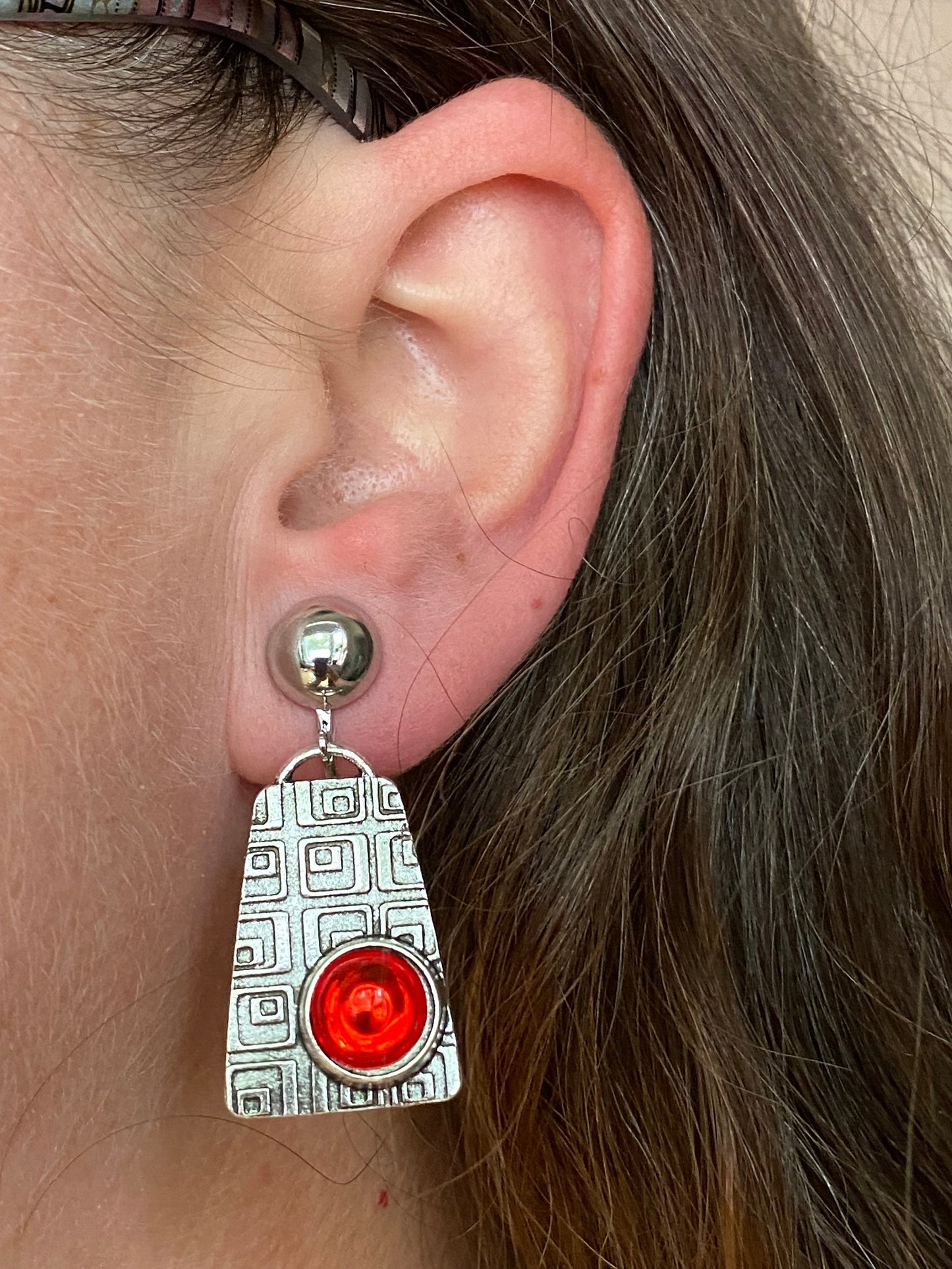 Clip on abstract red cabochon earrings, modern screwback dangling earrings