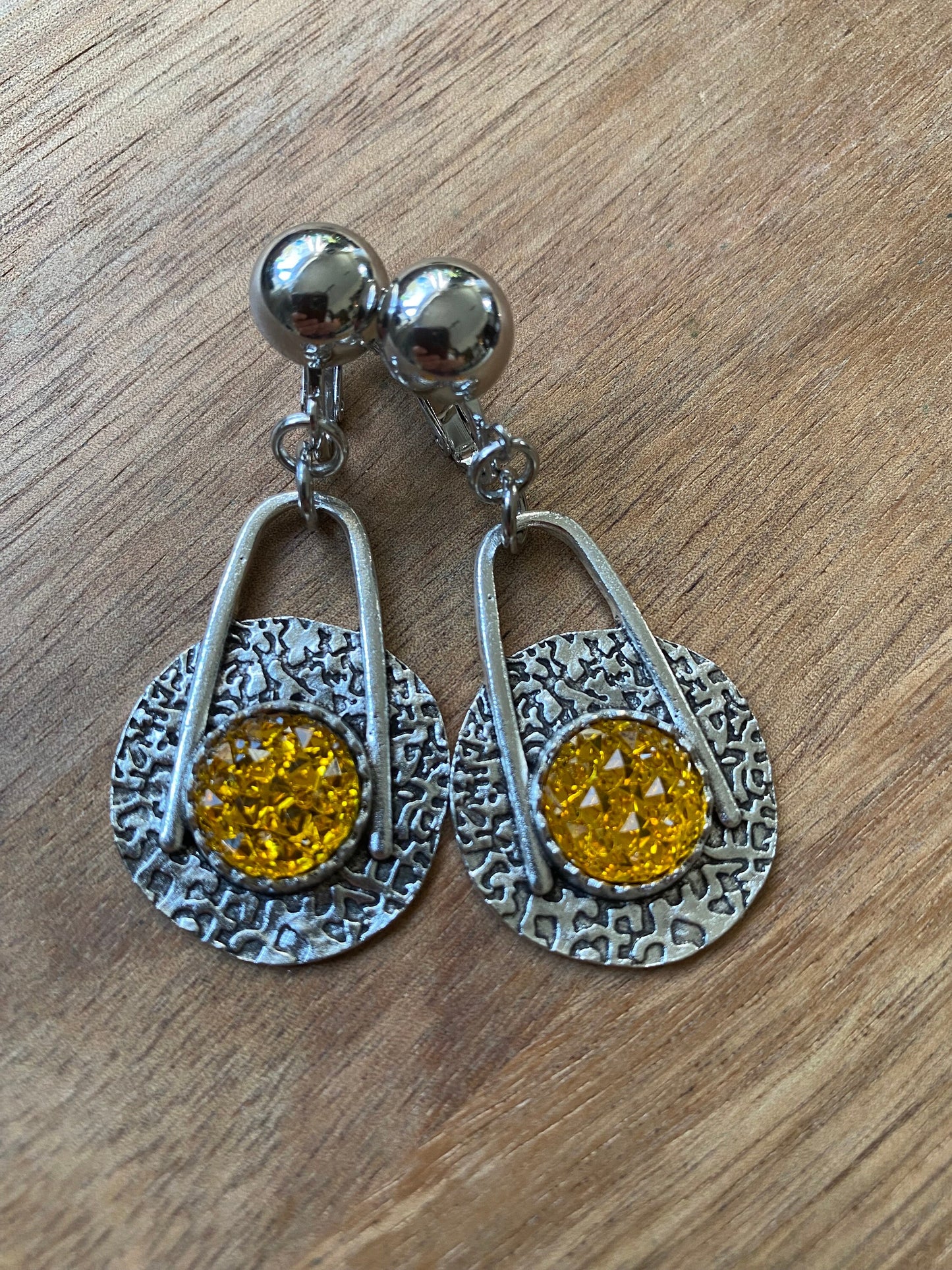 Dangling abstract golden cabochon and silver dangle clip on earrings, modern screwback earrings for unpierced ears