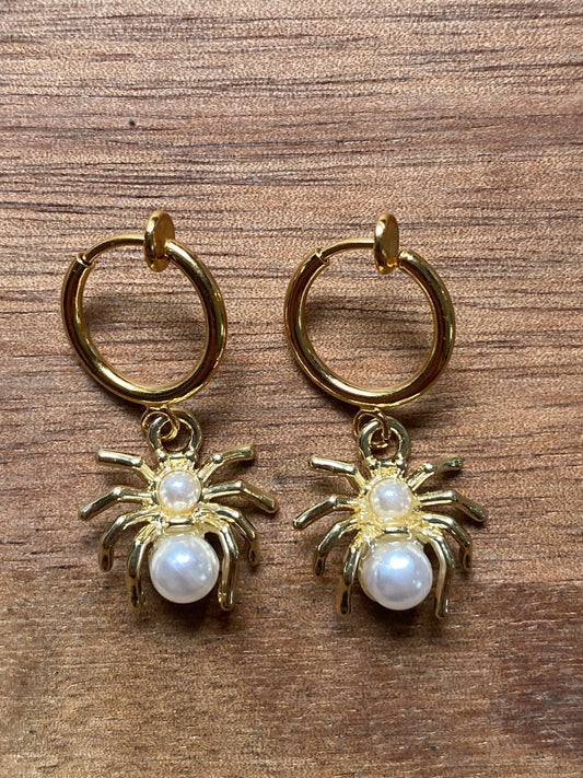 Gold and pearl dangling clip on spider earrings, faux pearl spring hoop spider earrings for unpierced ears