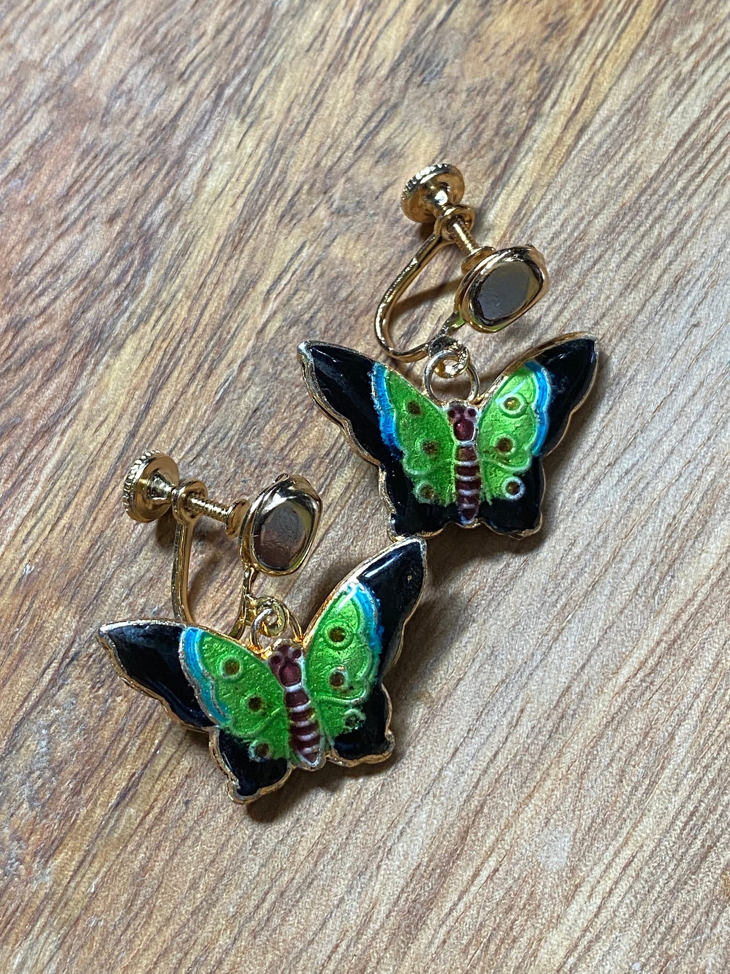 Cloisonné butterfly Clip On Earrings, dangling painted butterfly screwback earrings for unpierced ears