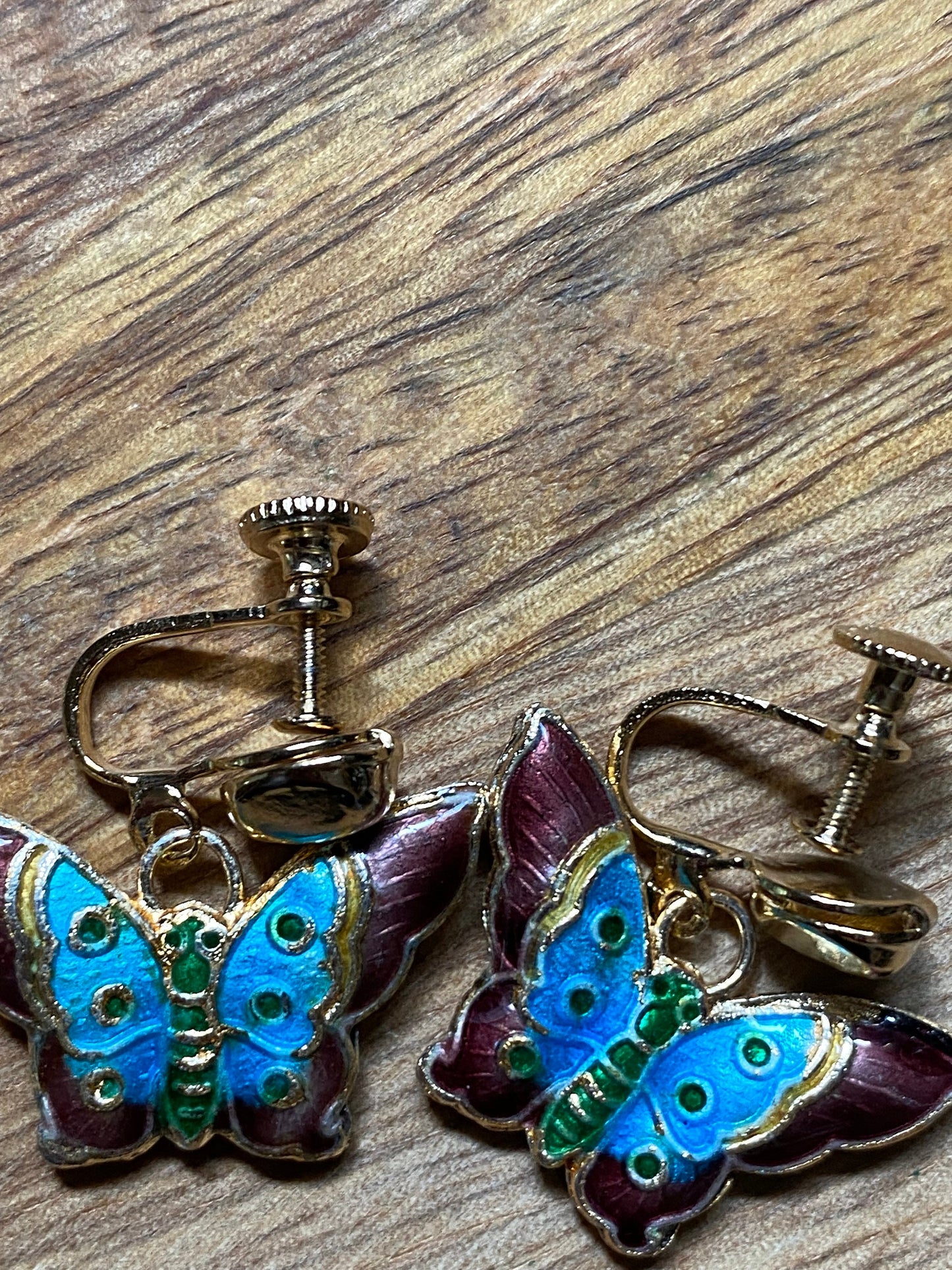 Cloisonné butterfly Clip On Earrings, dangling painted butterfly screwback earrings for unpierced ears