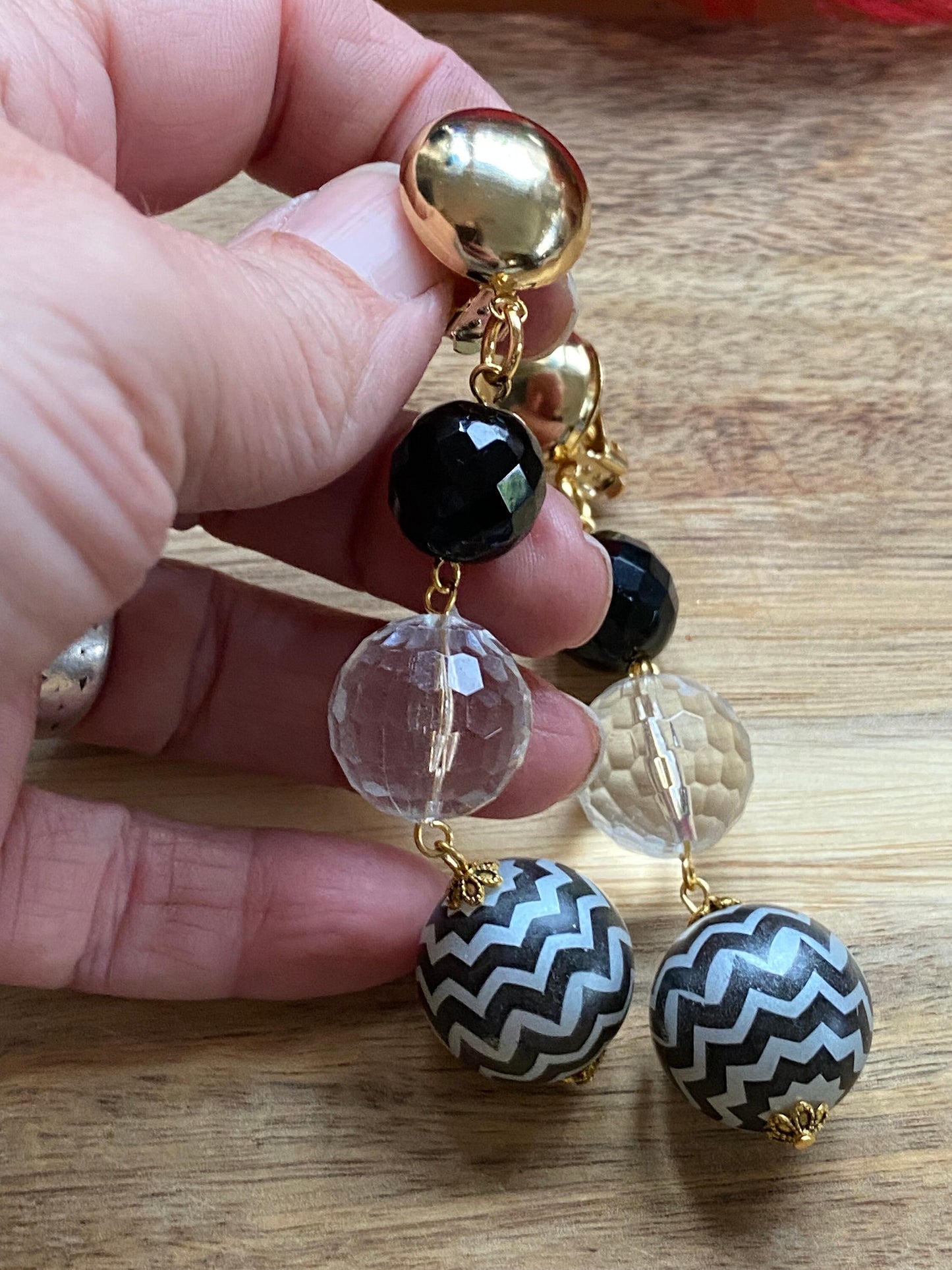 Handmade dangling  black and white beaded clip on earrings, queen sized clip on earrings