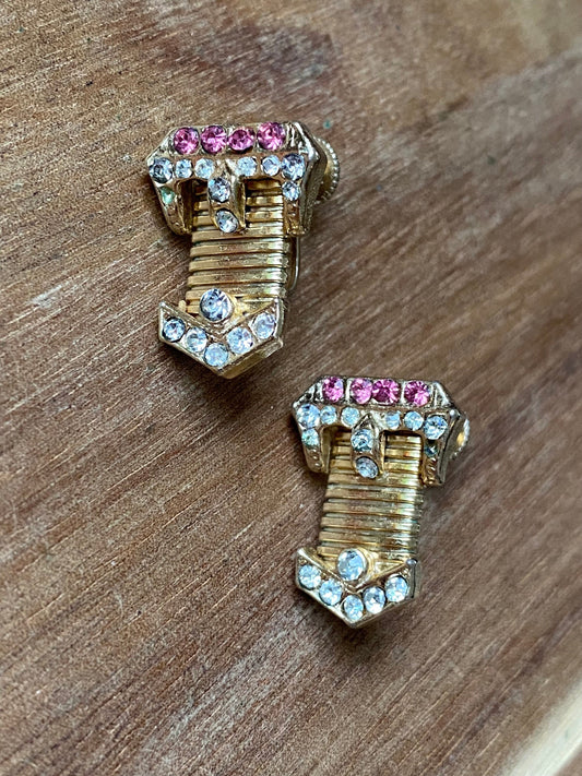 Pink Coro rhinestone clip on earrings