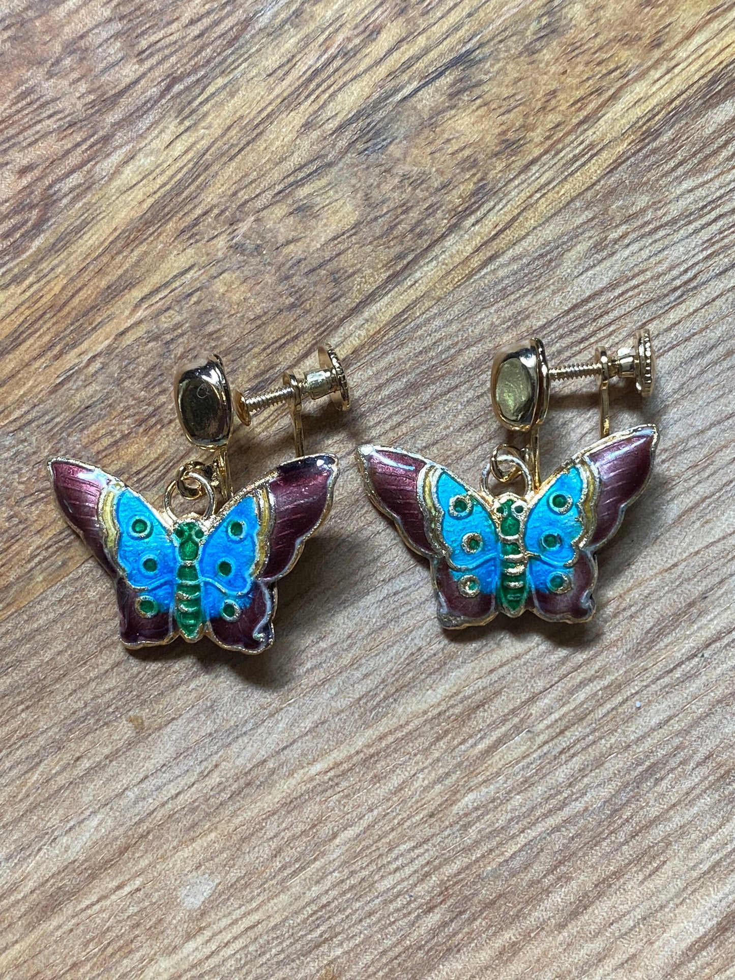 Cloisonné butterfly Clip On Earrings, dangling painted butterfly screwback earrings for unpierced ears