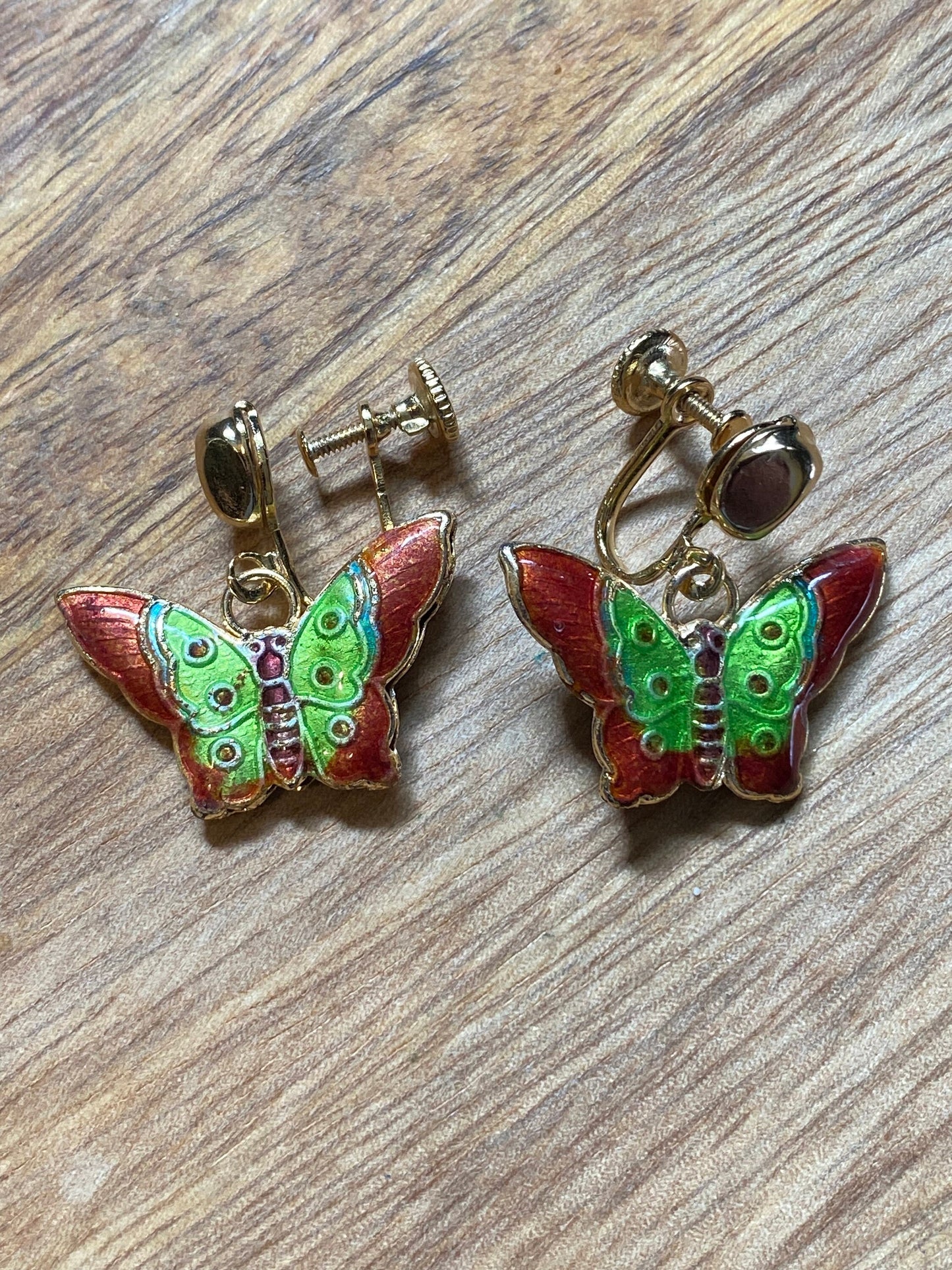 Cloisonné butterfly Clip On Earrings, dangling painted butterfly screwback earrings for unpierced ears