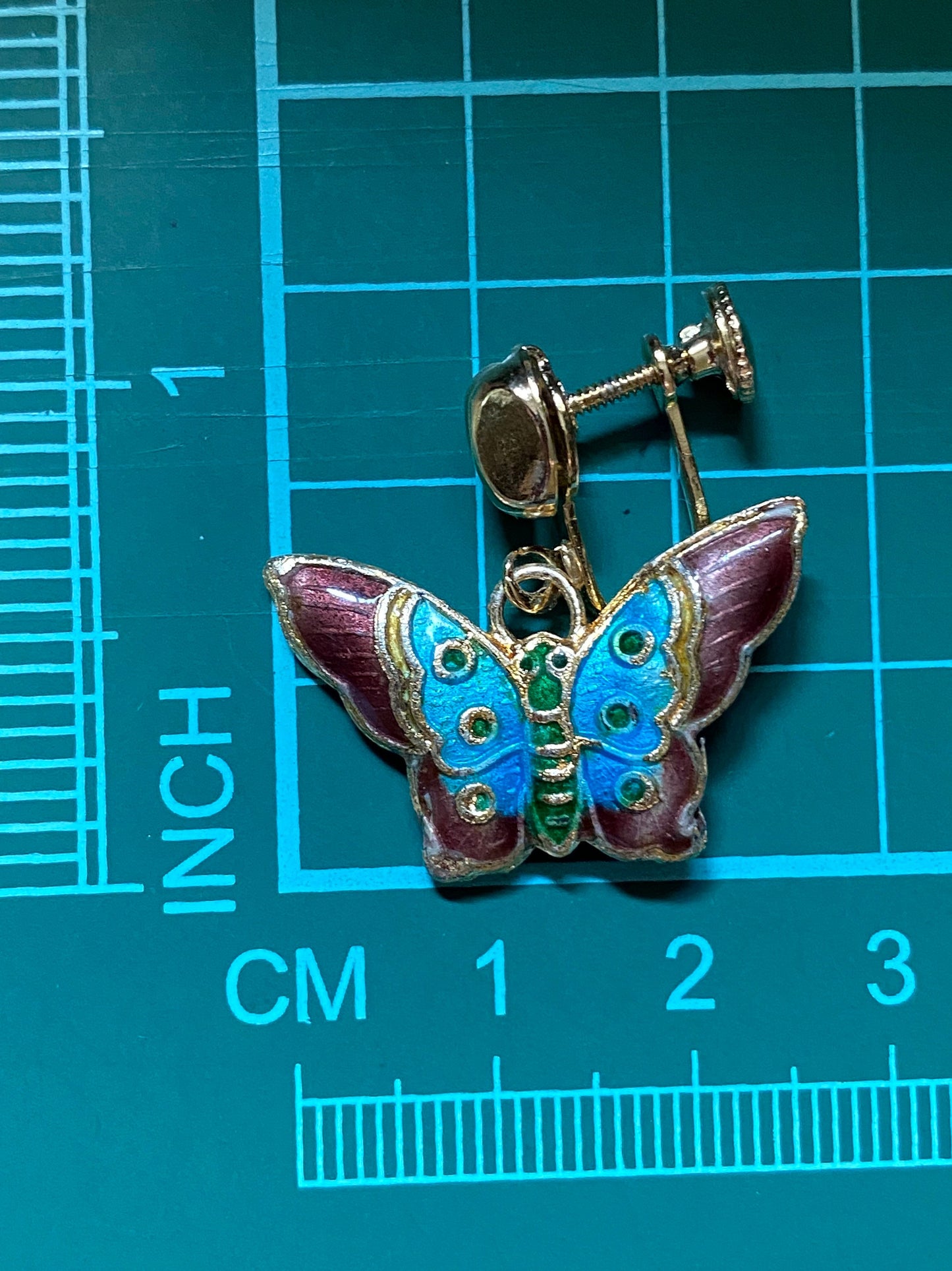 Cloisonné butterfly Clip On Earrings, dangling painted butterfly screwback earrings for unpierced ears