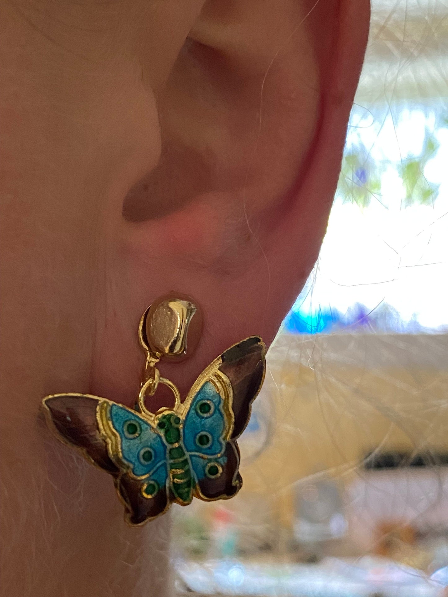 Cloisonné butterfly Clip On Earrings, dangling painted butterfly screwback earrings for unpierced ears