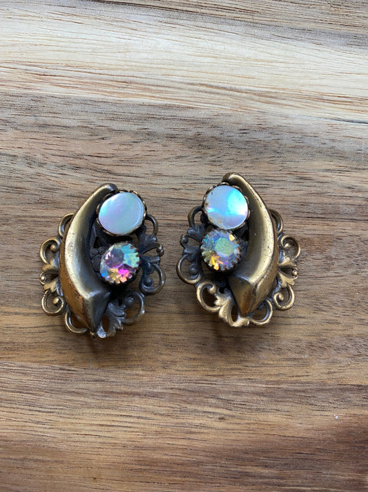 Vintage bronze mother of pearl and rhinestone clip on earrings (no piercing)