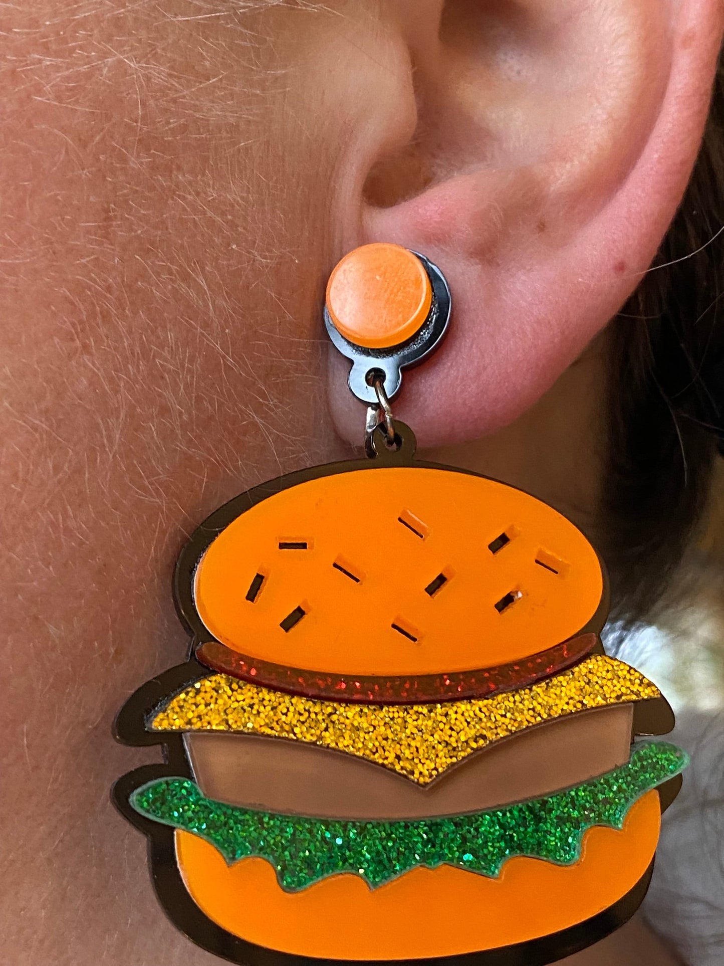 Dangling hamburger clip on earrings, screwback glitter food novelty earrings