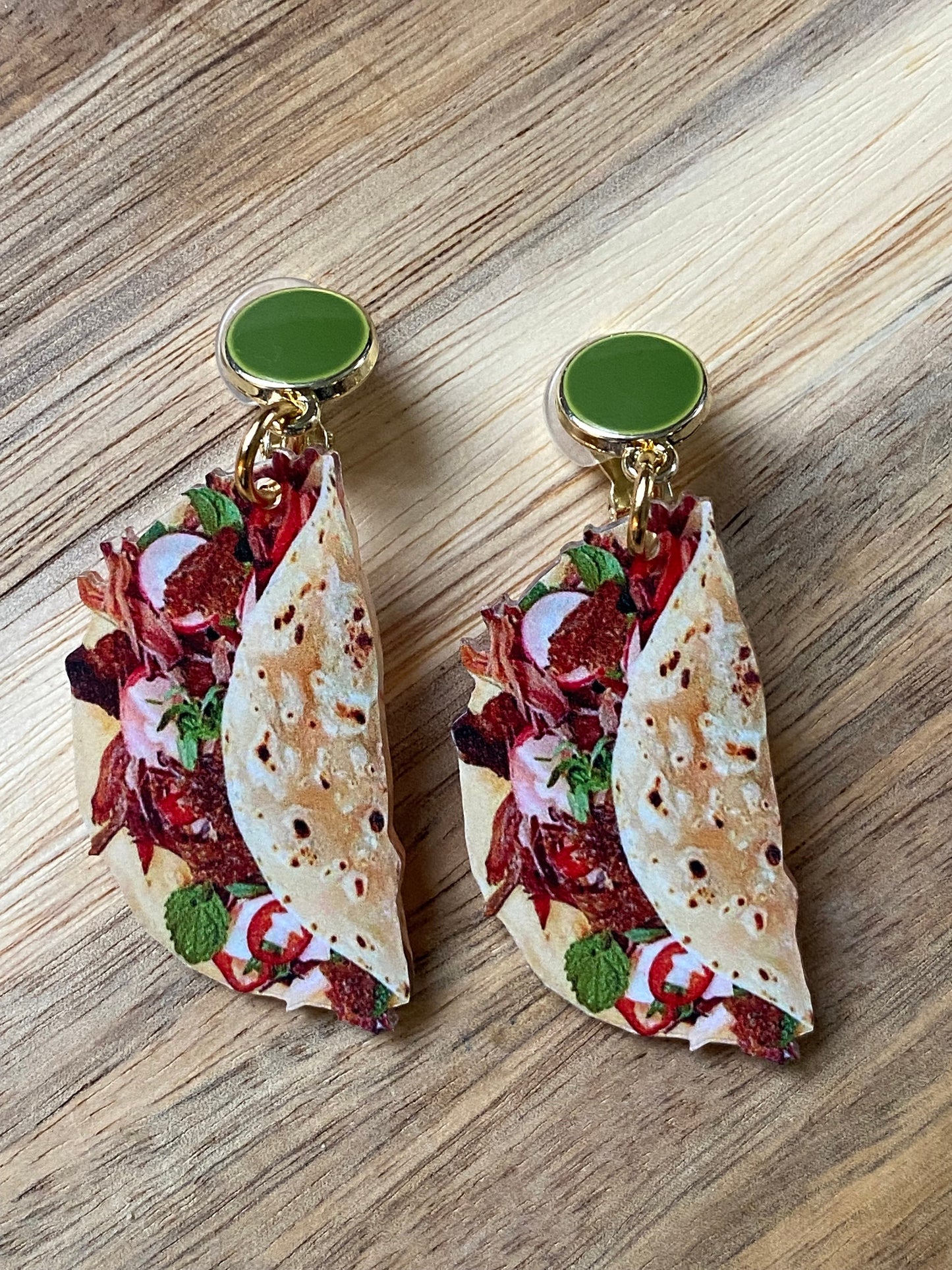 Dangling taco or burrito clip on earrings, nonpierce food novelty earrings