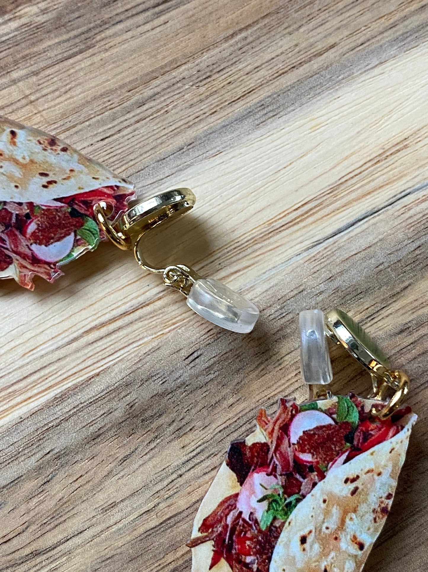 Dangling taco or burrito clip on earrings, nonpierce food novelty earrings