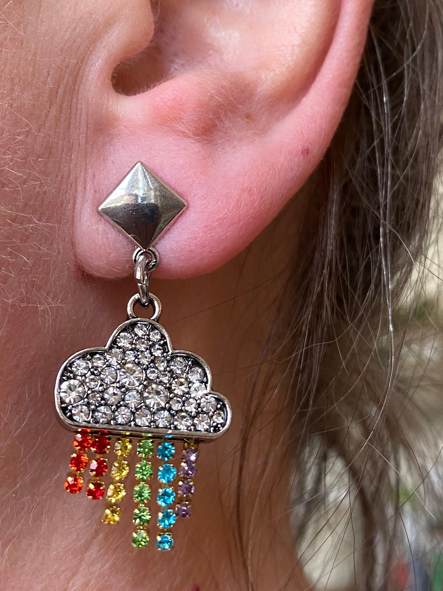 Dangling rhinestone thunderstorm clip on earrings, multicoloured rhinestone earrings for unpierced ears, clouds and rainbow earrings