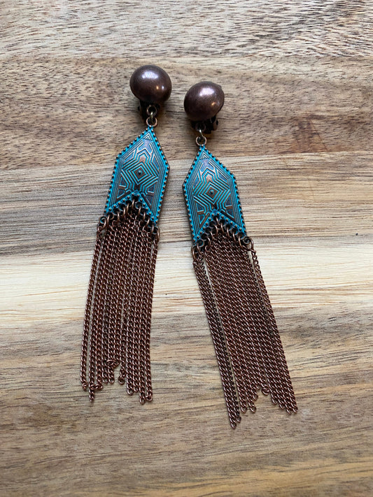 Bronze and copper dangling chain tassel clip on earrings, screwback or clip on chain tassels with patina pendant